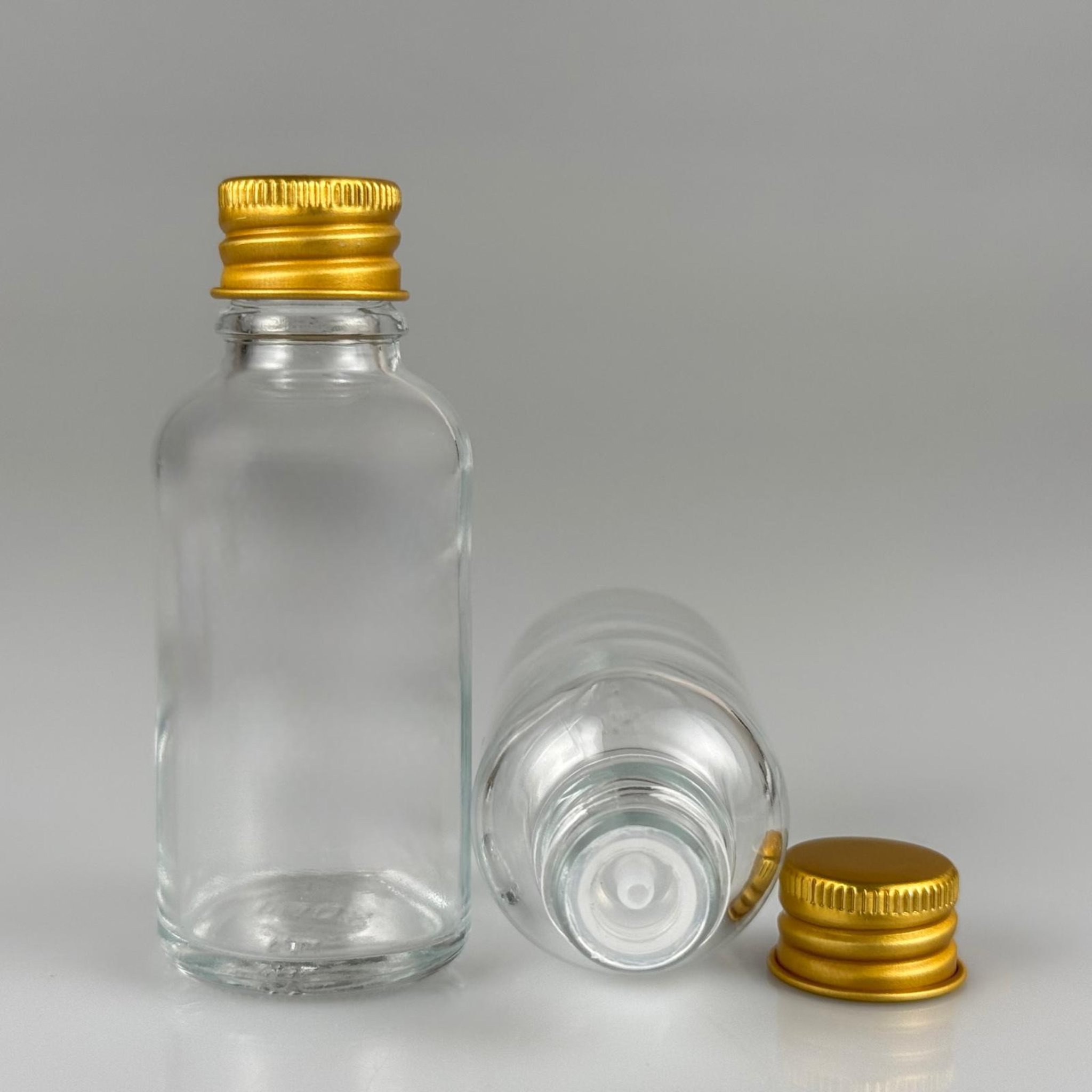 30 CC ŞEFFAF CAM ŞİŞE + KÖPÜK CONTALI GOLD ALÜMİNYUM METAL KAPAKLI + DAMLALIKLI KOLONYA TIPALI TAKIM - 30 ML ŞEFFAF CAM ŞİŞE
