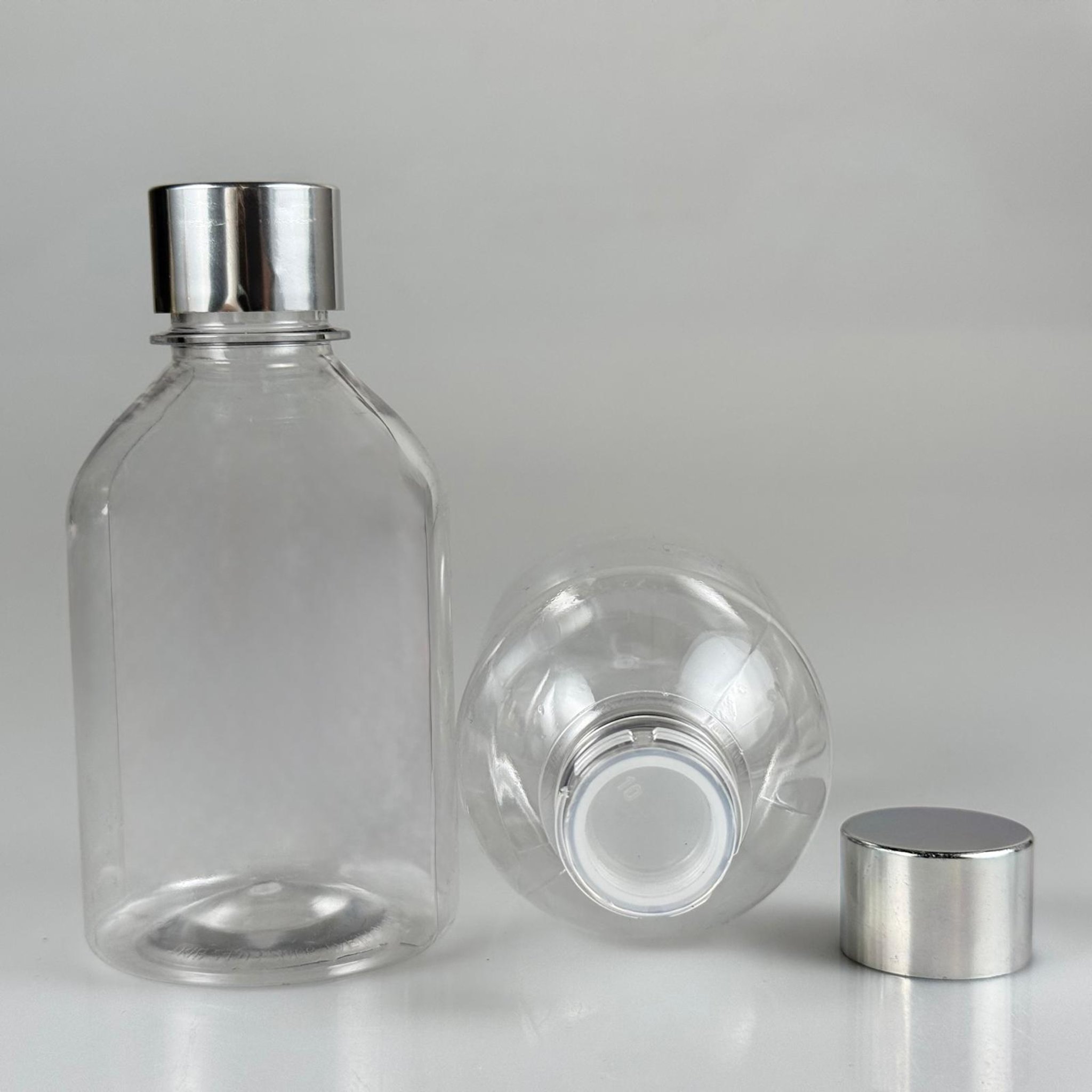 250 CC TOMBUL MODEL ŞEFFAF PET ŞİŞE + ALÜMİNYUM KAPLAMALI GÜMÜŞ KAPAKLI + KÖR TIPALI TAKIM - 250 ML PET ŞİŞE