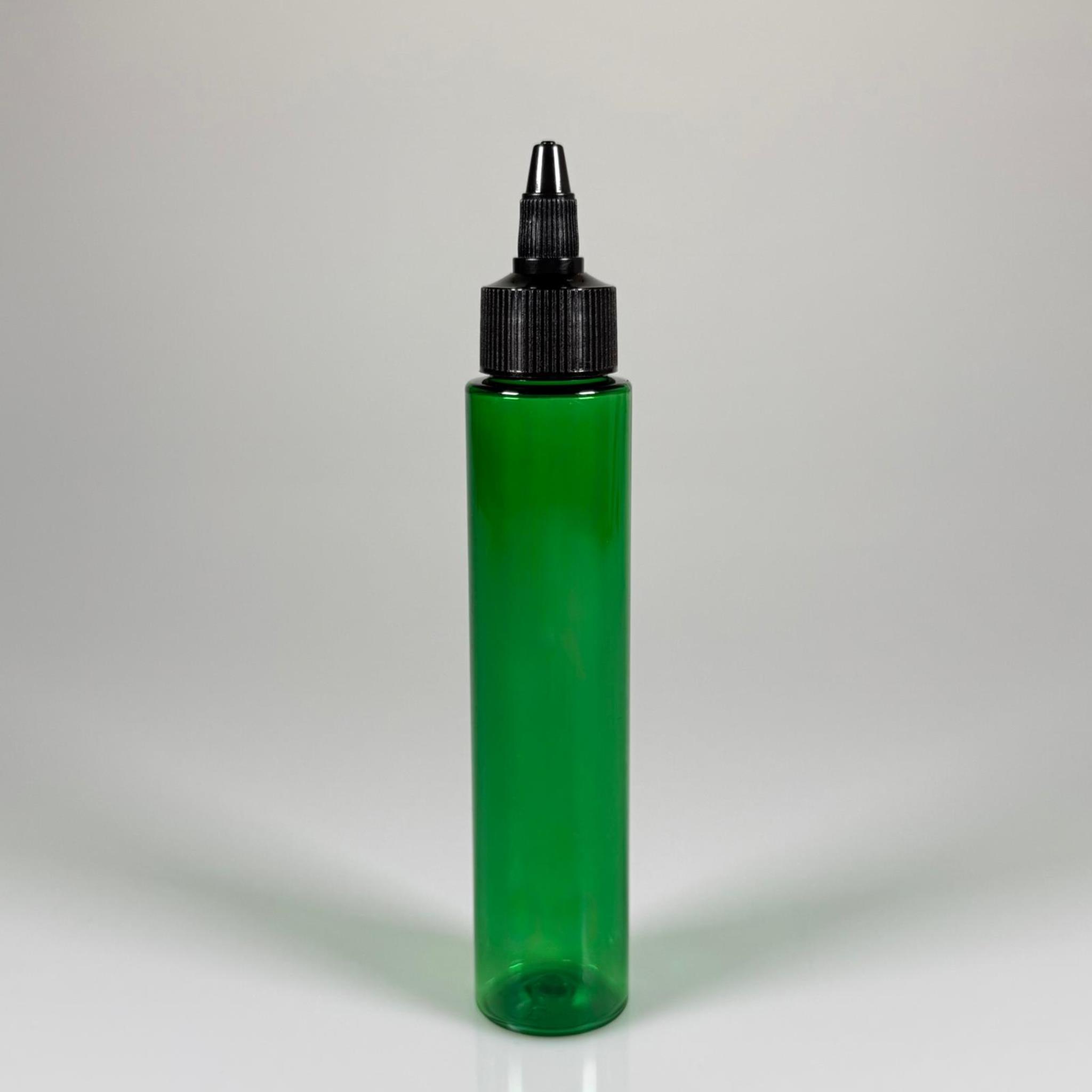 100 CC UZUN SİLİNDİR YEŞİL PET ŞİŞE (24 GR)  - SİYAH TWİST SİVRİ ASANSÖR AKITICI KAPAKLI - 100 ML BİBERİYE SUYU, LAVANTA YAĞI, SAÇ SERUM, TONİK VB İÇİN PLASTİK KOZMETİK AMBALAJLARI