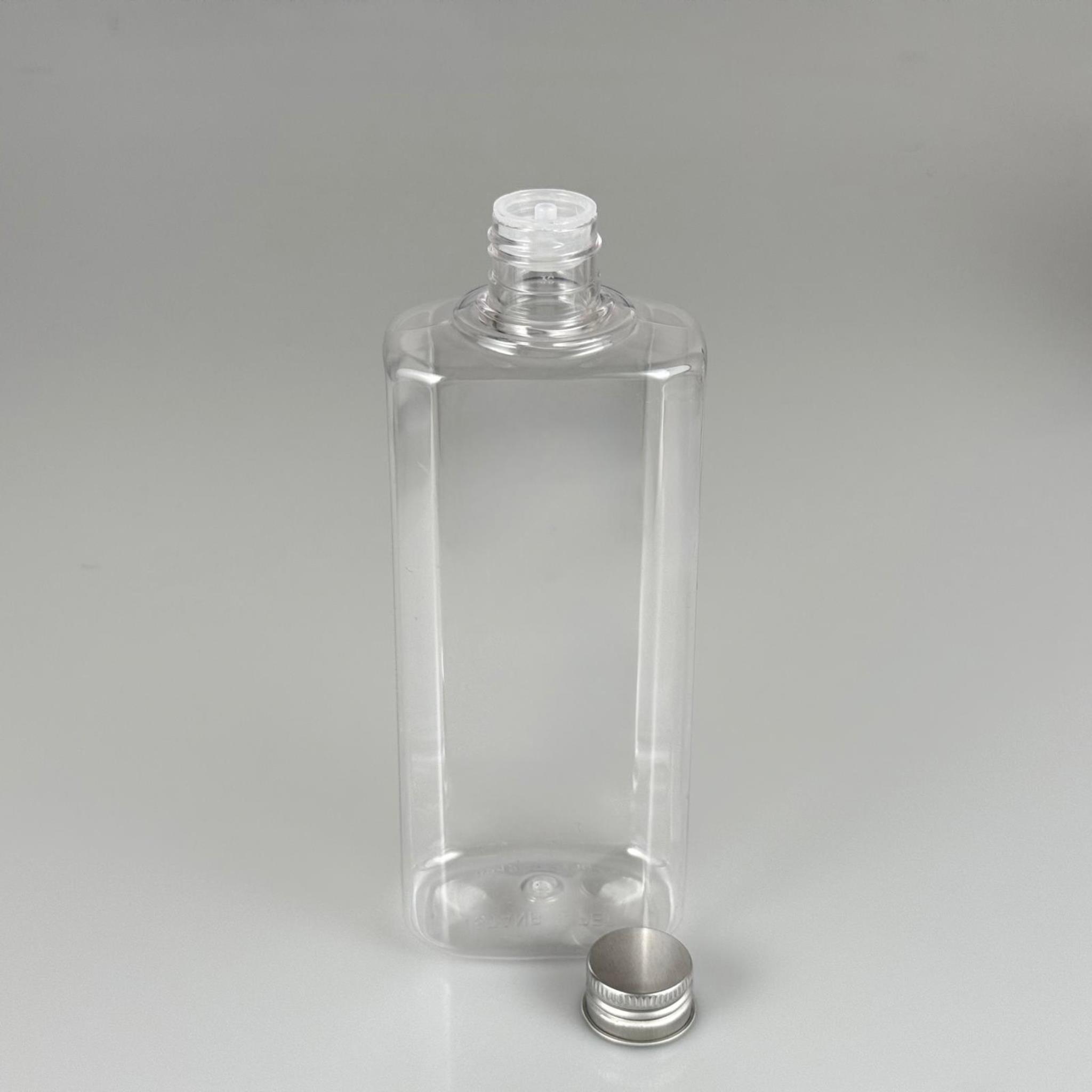 400 CC YASSI MODEL ŞEFFAF PET ŞİŞE (24 AĞIZ) + KÖPÜK CONTALI GÜMÜŞ METAL ALÜMİNYUM KAPAKLI + KOLONYA TIPALI TAKIM - 400 ML KAPAKLI PLASTİK ŞİŞELER