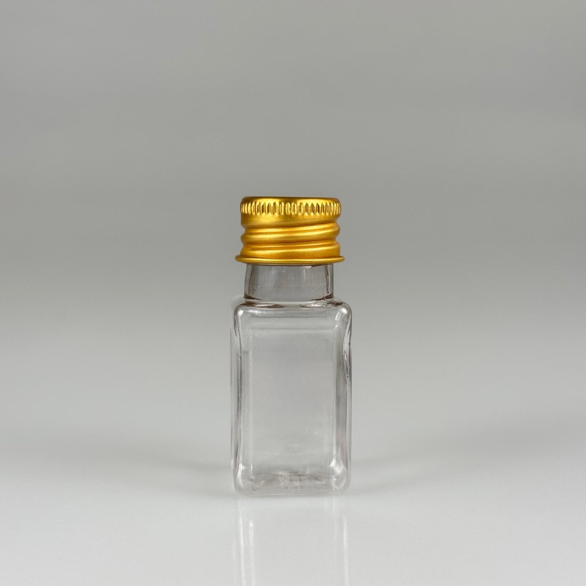 10 CC ŞEFFAF KARE PET SHOT ŞİŞE - KÖPÜK CONTALI GOLD ALÜMİNYUM METAL KAPAKLI TAKIM - 10 ML PLASTİK ŞİŞE