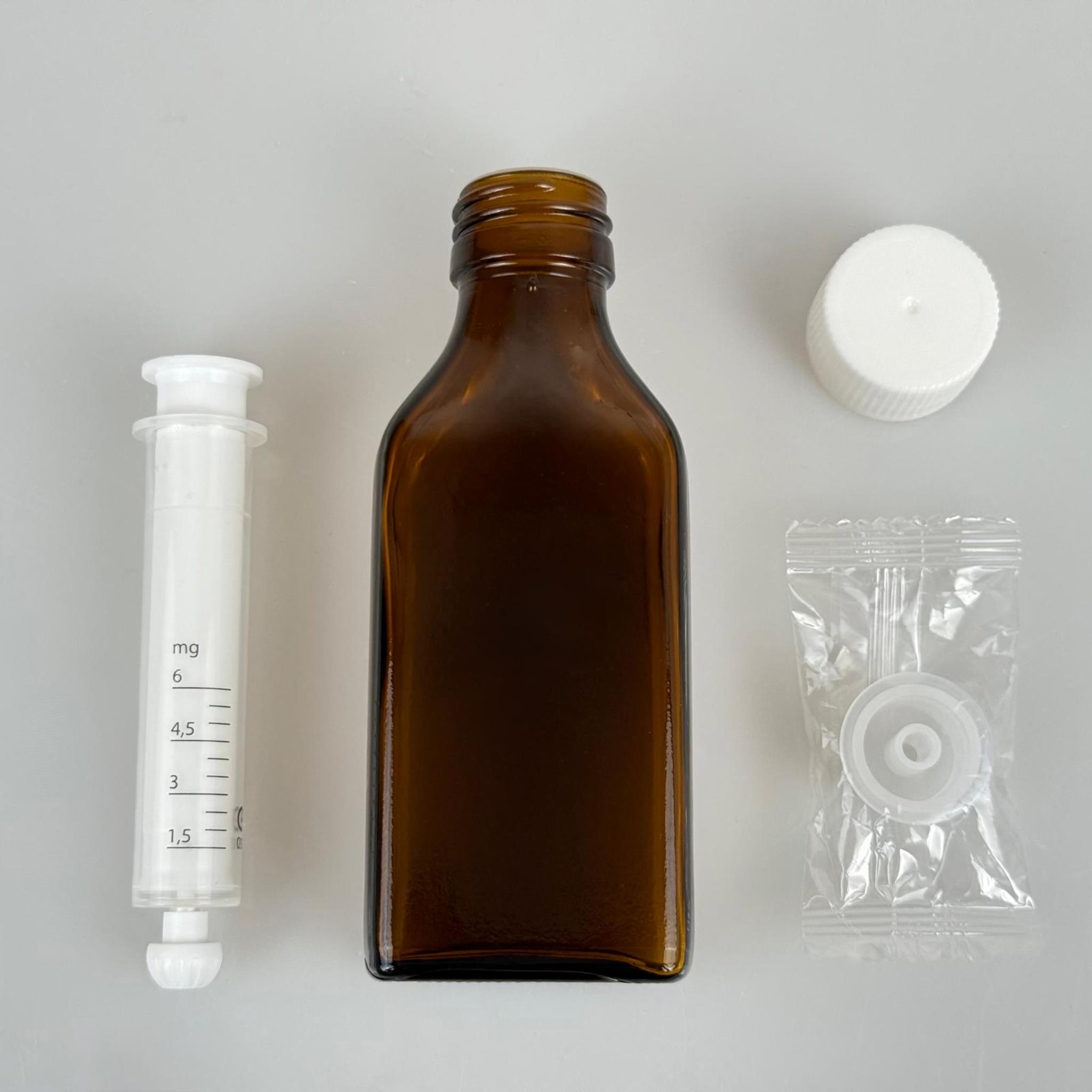 100 ML YASSI CAM ECZA ŞİŞESİ + 6 ML DOZAJ PİPETİ + DOZAJ TIPASI + CONTALI PLASTİK KAPAK TAKIM