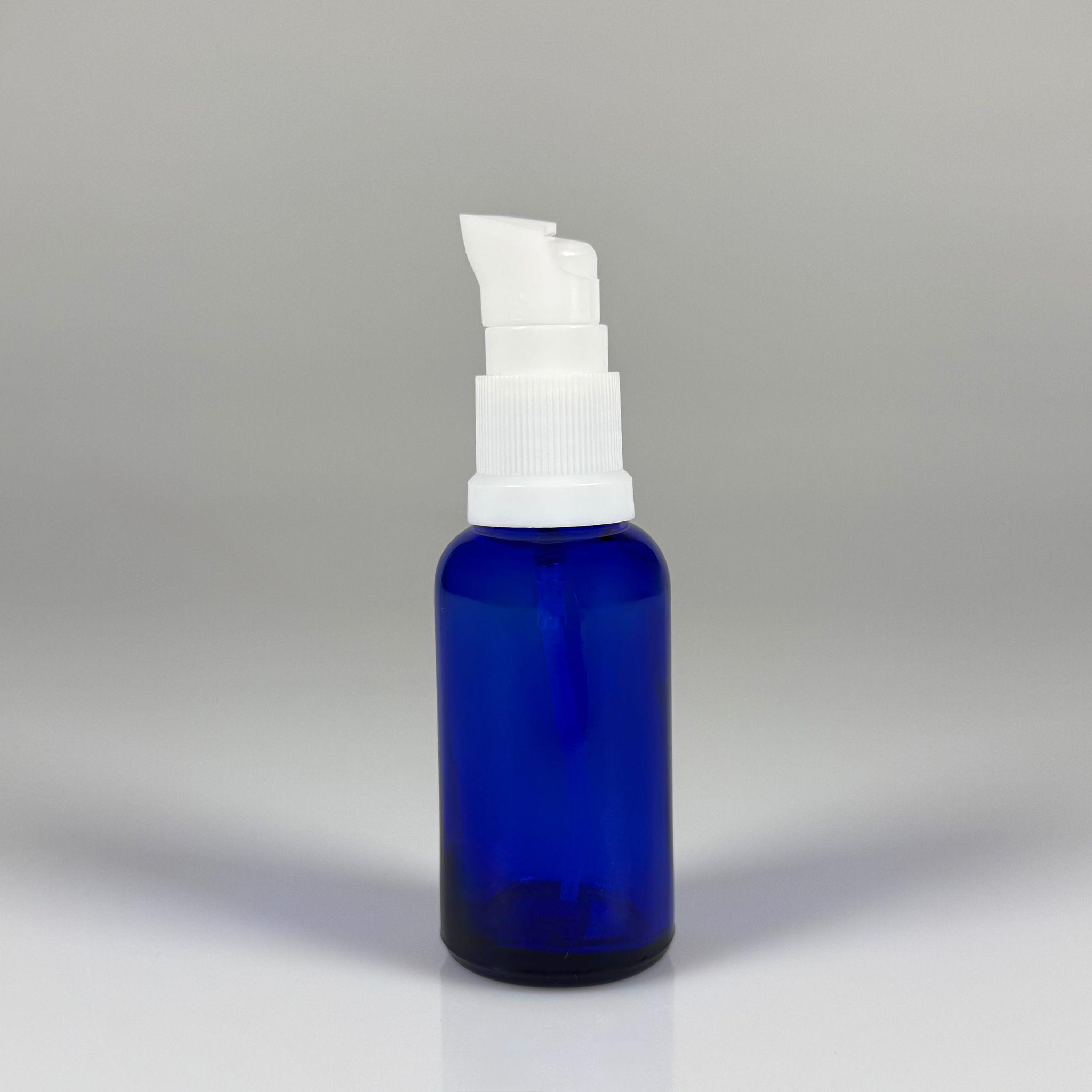 30 CC MAVİ CAM ŞİŞE - SIZDIRMAZ ETEKLİ BEYAZ LOSYON POMPALI TAKIM - 30 ML LOSYON ŞİŞESİ - YAĞ, KREM GİBİ YOĞUN KIVAMLI SIVILAR İÇİN CAM AMBALAJ