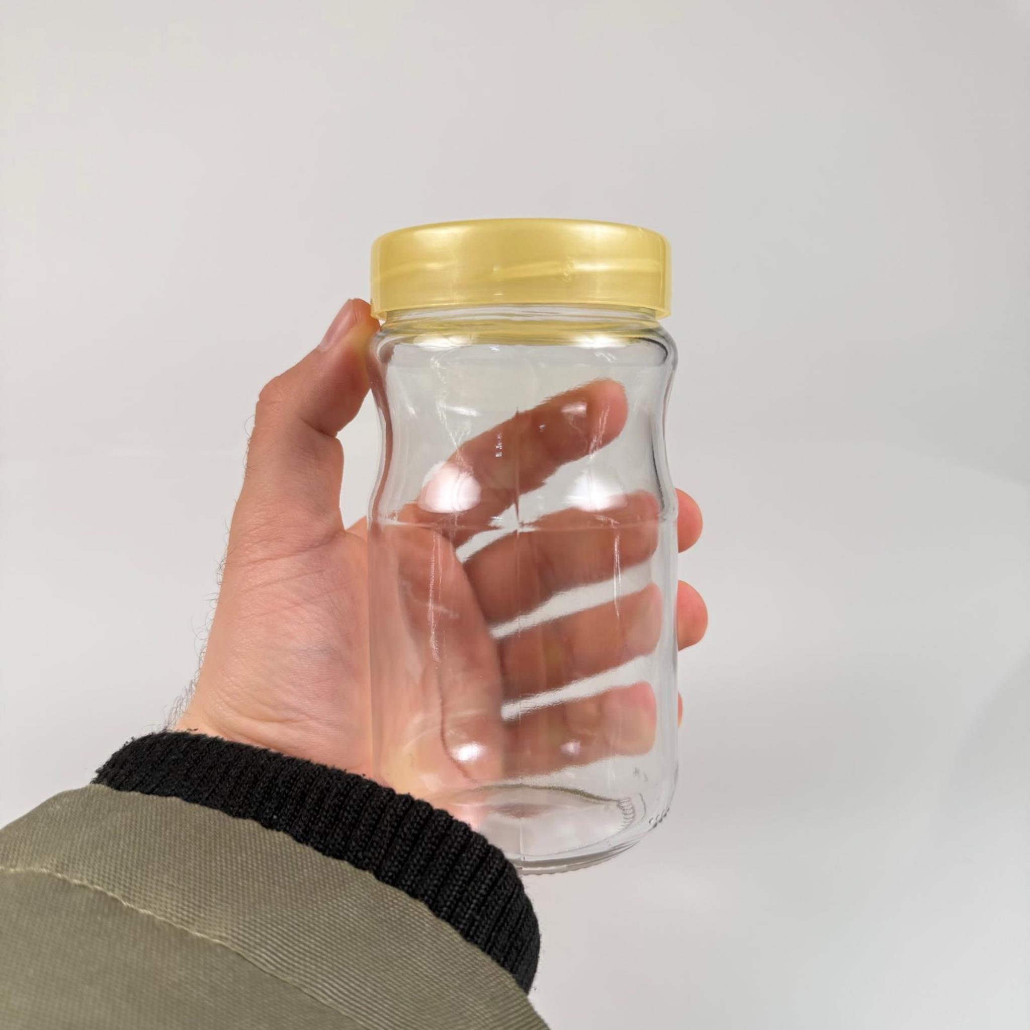 370 CC BOĞUMLU CAM KAVANOZ + GOLD PLASTİK KAPAK - 370 ML PLASTİK KAPAKLI CAM KAVANOZ