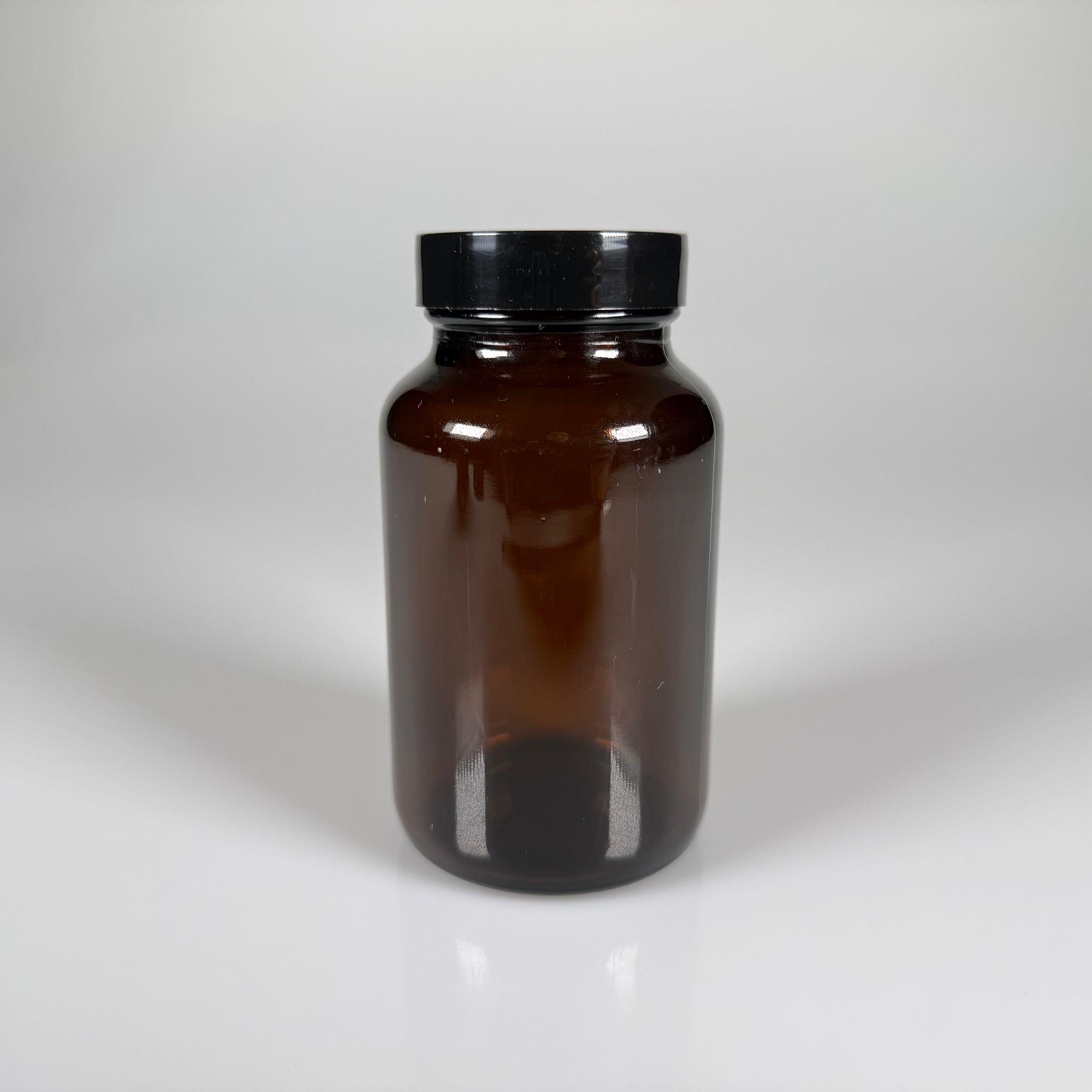 200 CC CAM KAHVERENGİ AMBER TABLET KAPSÜL ŞİŞESİ + 45 MM VİDALI SİYAH PLASTİK KAPAK