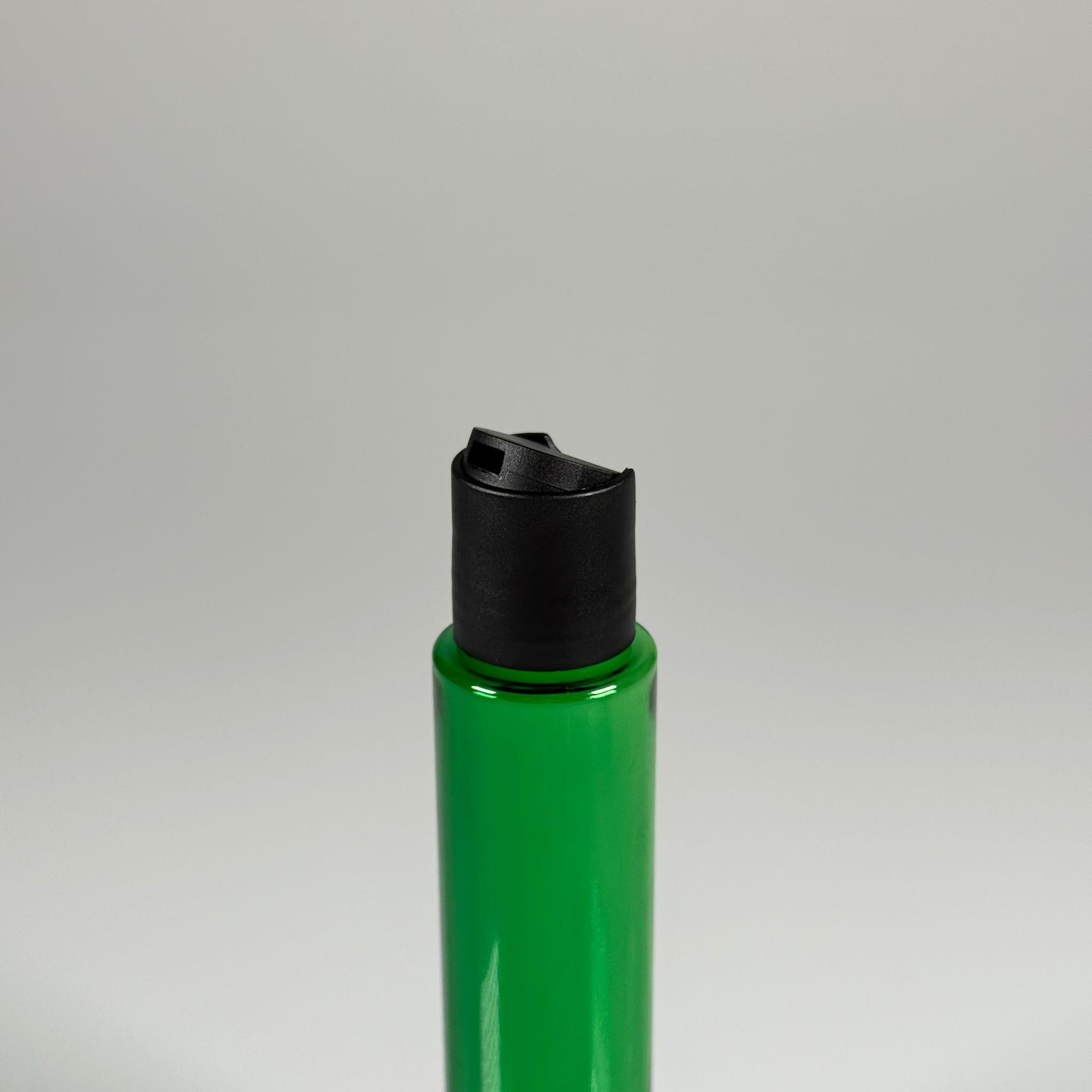 100 CC UZUN SİLİNDİR YEŞİL PET ŞİŞE (24 GR)  - SİYAH DİSKTOP AKITICI ŞAMPUAN KAPAKLI - 100 ML BİBERİYE SUYU, LAVANTA YAĞI, SAÇ SERUM, TONİK VB İÇİN PLASTİK KOZMETİK AMBALAJLARI