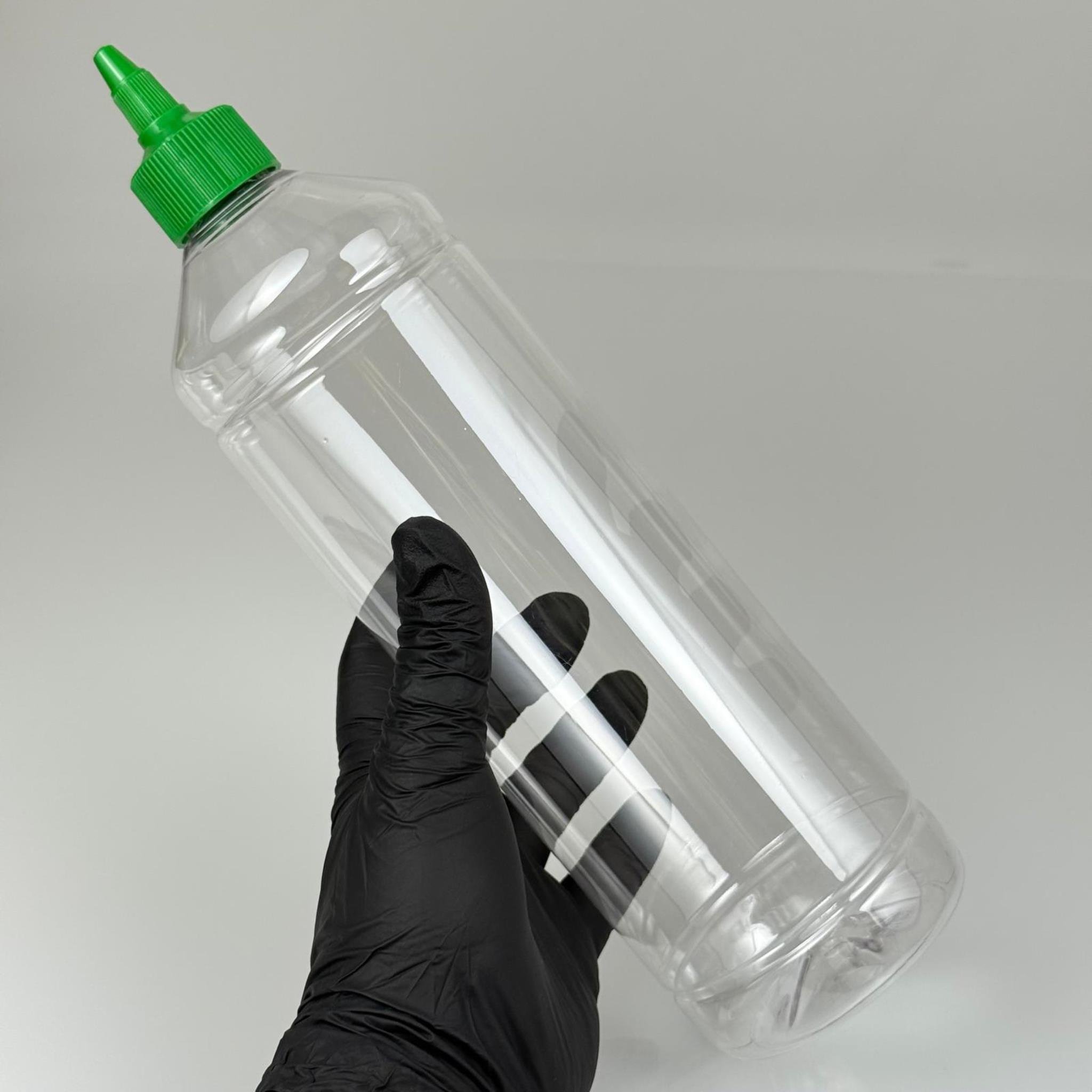 ZEYTİNYAĞI, SOS, ACI SOS, SİRKE, SRIRACHA VB BOŞ ŞİŞELERİ - YEŞİL SİVRİ TWİST AKITICI KAPAK + 1000 ML SİLİNDİR ŞEFFAF PET PLASTİK ŞİŞE TAKIM