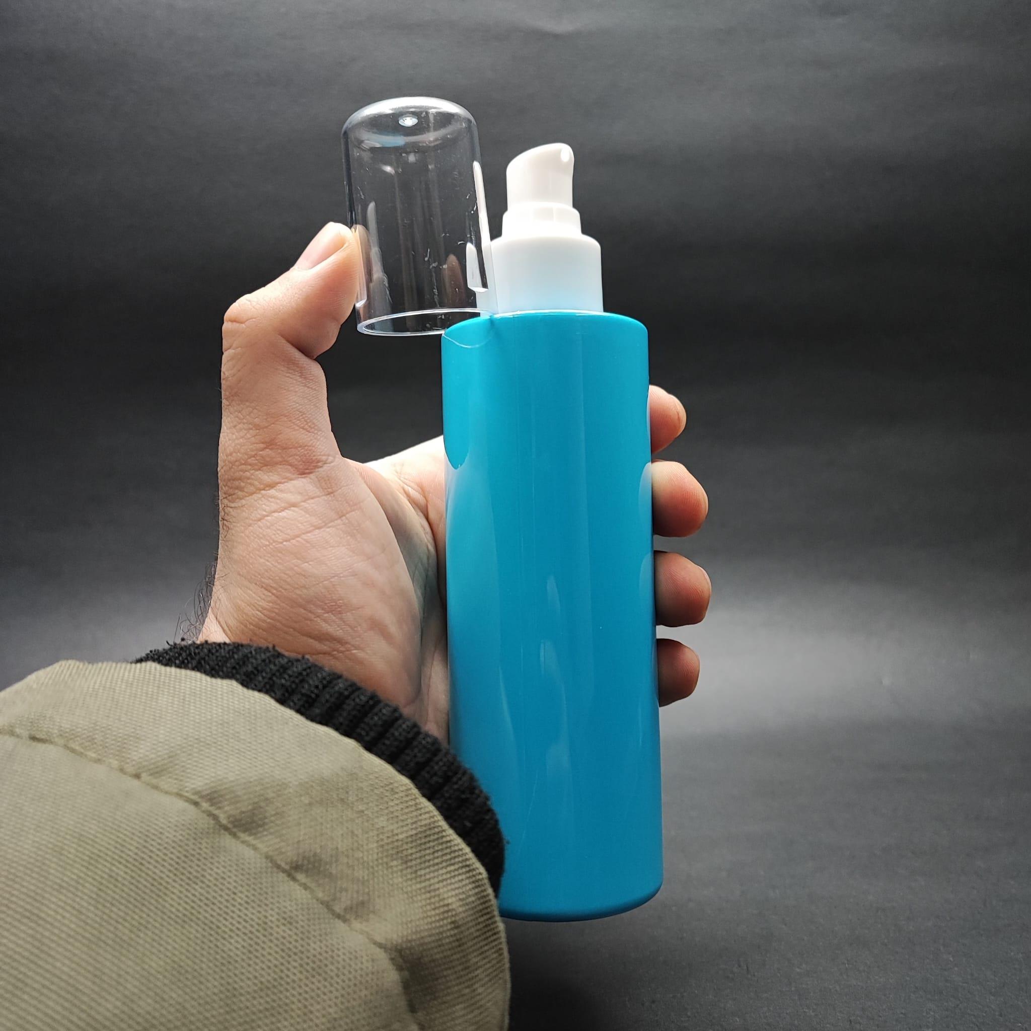 200 CC KÜT BOYUNLU UZUN SİLİNDİR PET ŞİŞE (24 GR) - BEYAZ LOSYON POMPALI - 200 ML PLASTİK ŞİŞE - MAVİ