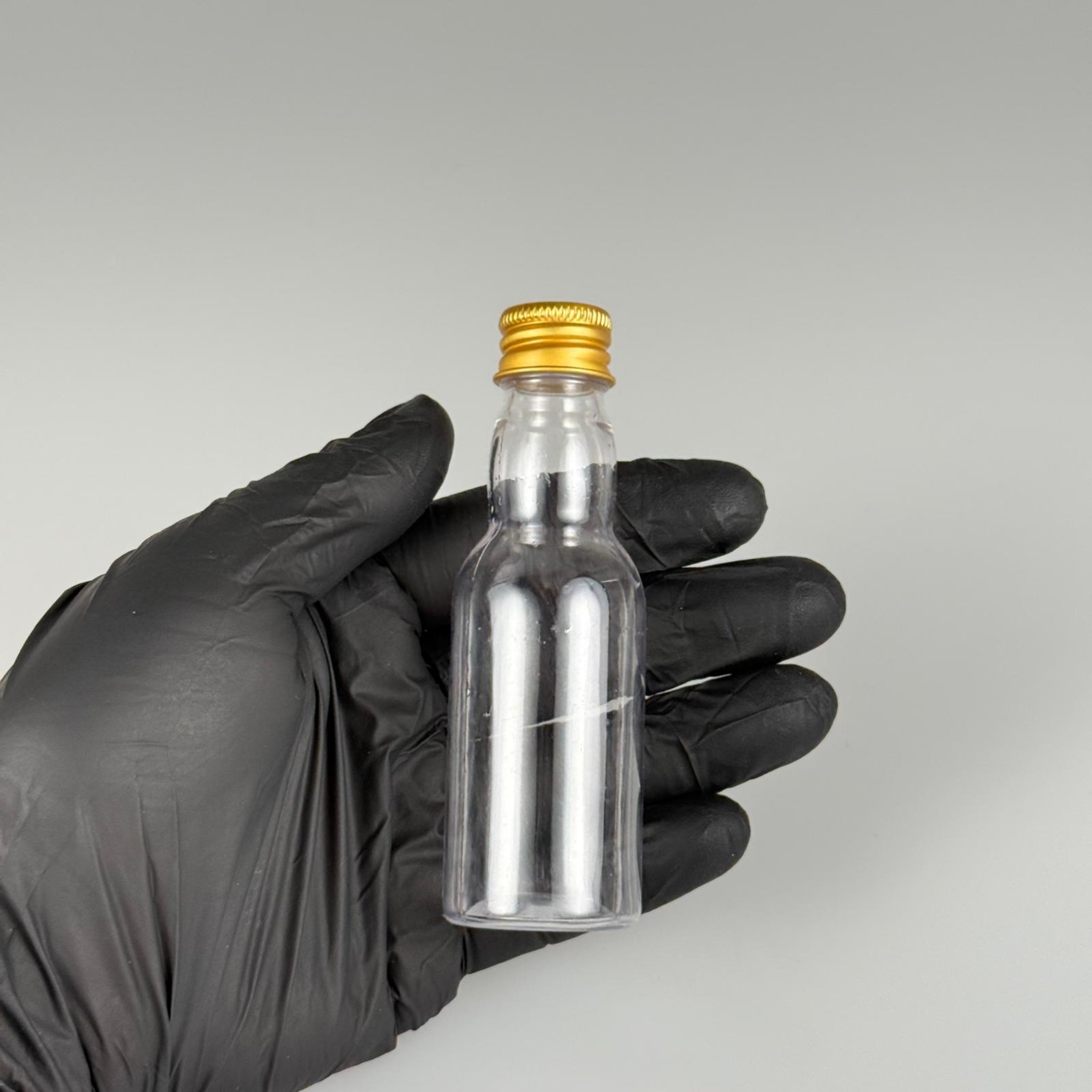 40 CC ŞEFFAF UZUN BOĞAZLI PET ŞİŞE + KÖPÜK CONTALI GOLD ALÜMİNYUM METAL KAPAKLI + KÖR TIPALI TAKIM - 40 ML BOĞAZLI PET ŞİŞE