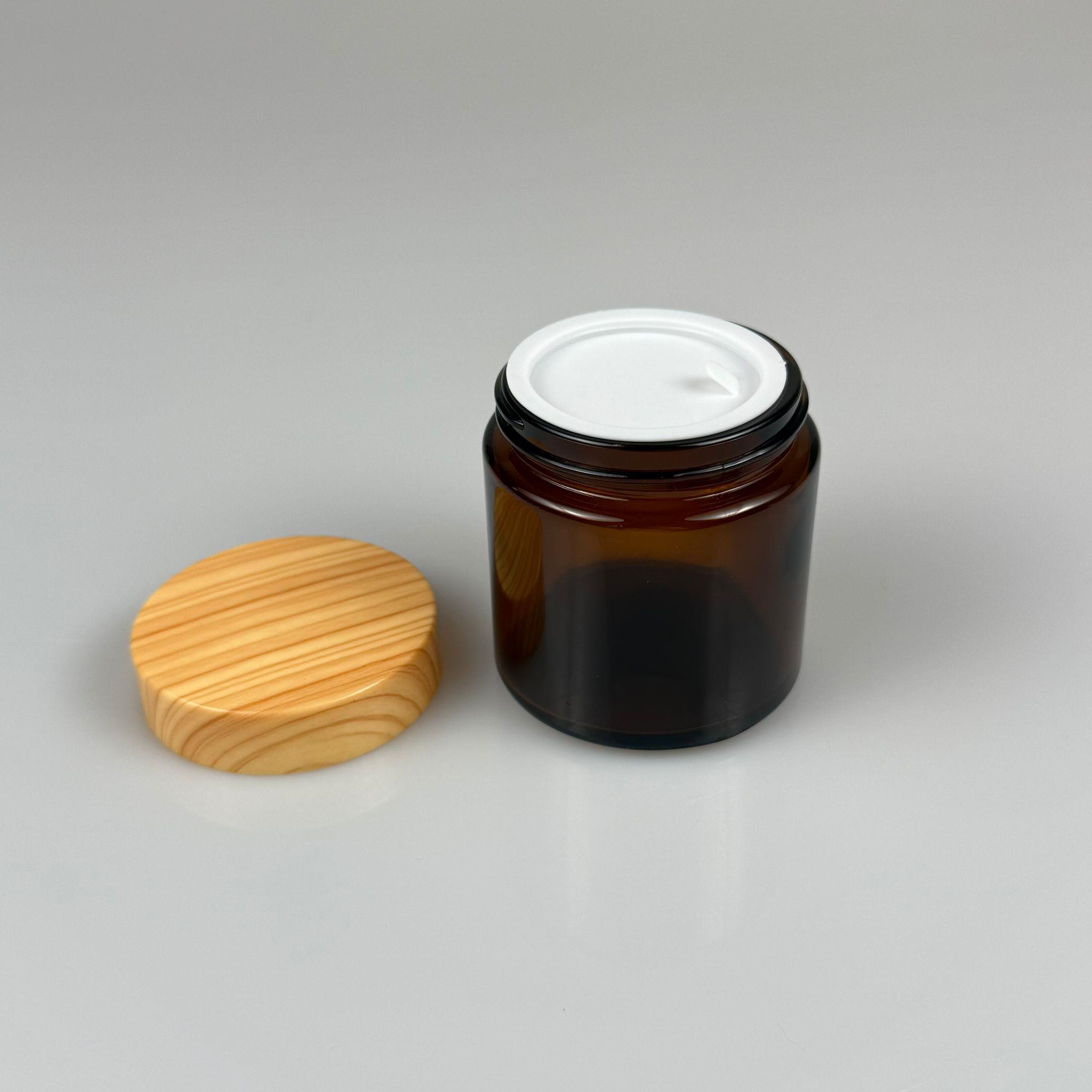 100 CC CAM AMBER KREM KAVANOZU - AHŞAP DESENLİ PLASTİK KAPAKLI İÇ CONTALI - 100 ML KAHVERENGİ CAM KAVANOZ  - KOZMETİK KAVANOZ