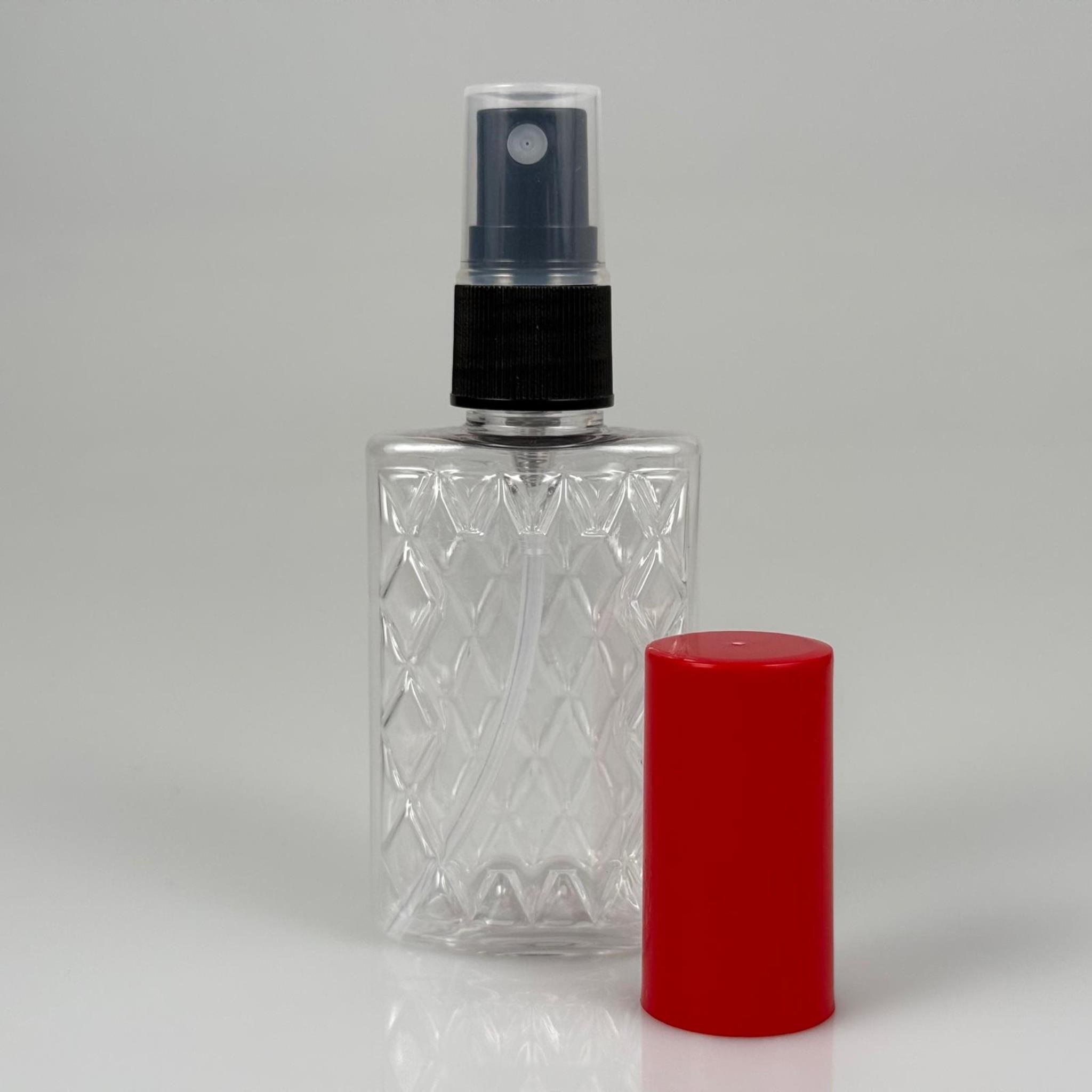 50 CC ŞEFFAF PET KÖŞELİ PARFÜM ŞİŞESİ - SİYAH SPREYLİ - KIRMIZI KORUMA KAPAKLI - 50 ML PLASTİK PARFÜM - KOLONYA ŞİŞESİ
