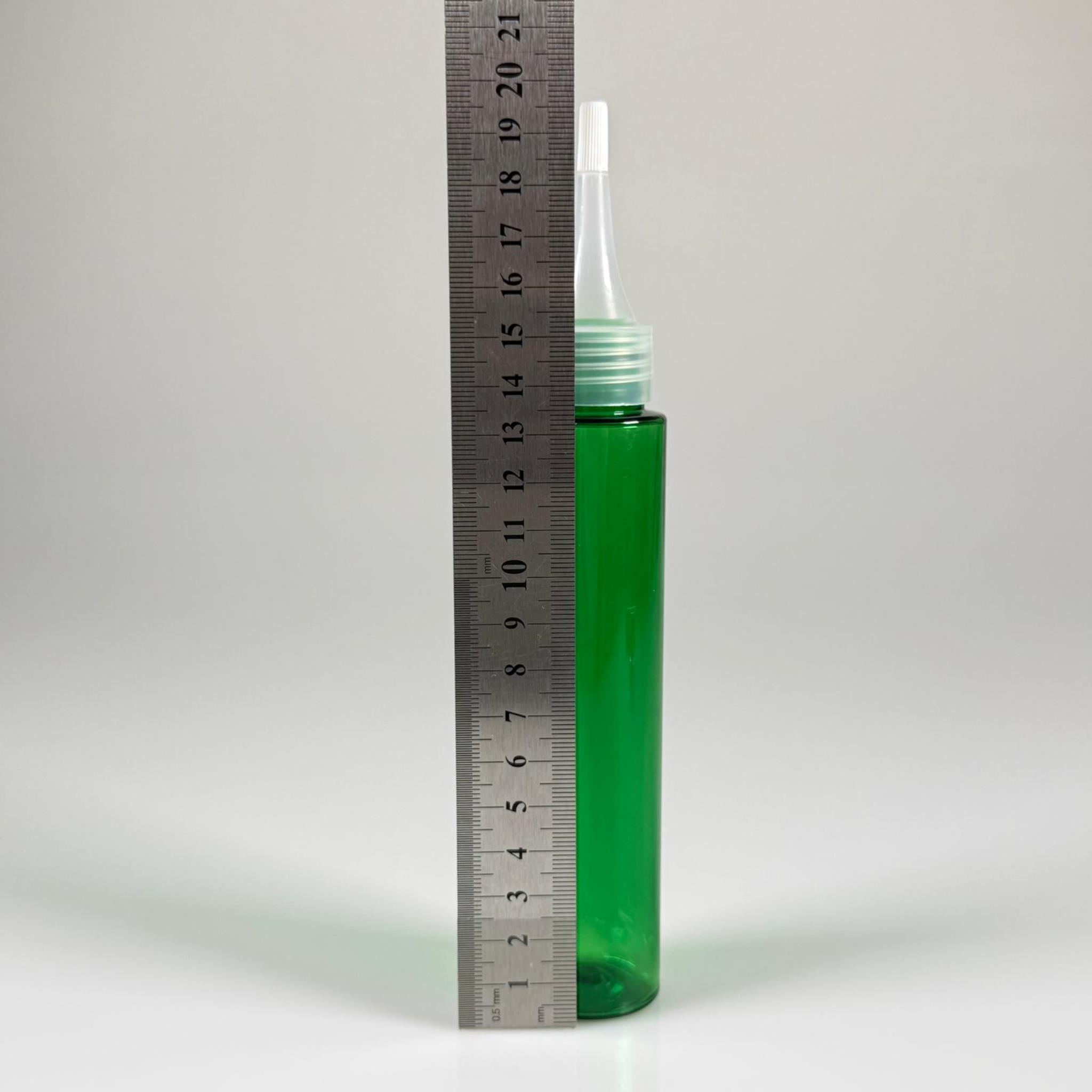 100 CC UZUN SİLİNDİR YEŞİL PET ŞİŞE (24 GR)  - ŞEFFAF SİVRİ AKITICI KAPAKLI - 100 ML BİBERİYE SUYU, LAVANTA YAĞI, SAÇ SERUM, TONİK VB İÇİN PLASTİK KOZMETİK AMBALAJLARI