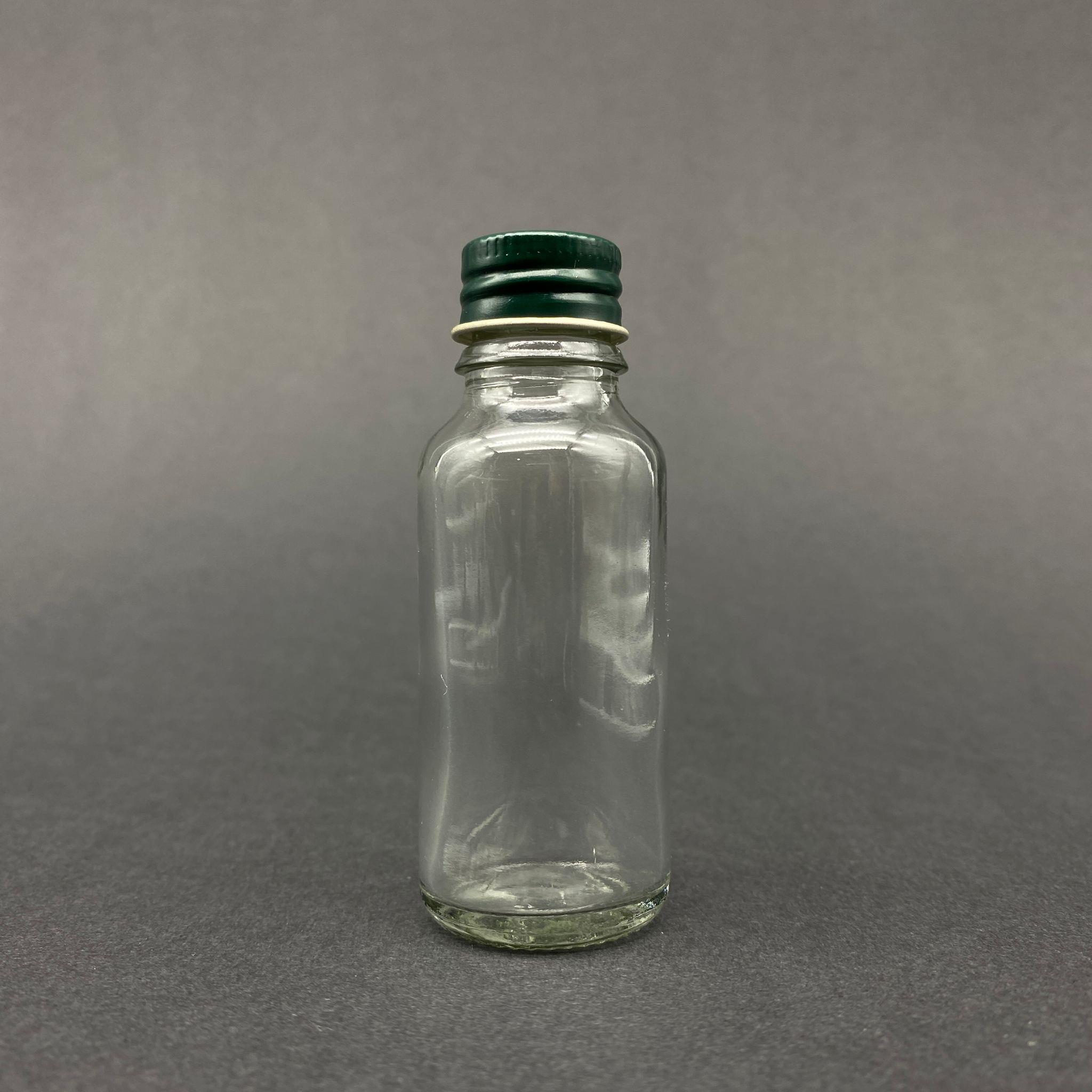 20 CC ŞEFFAF CAM ŞİŞE - YEŞİL VİDALI METAL KAPAKLI - 20 ML CAM ŞİŞE