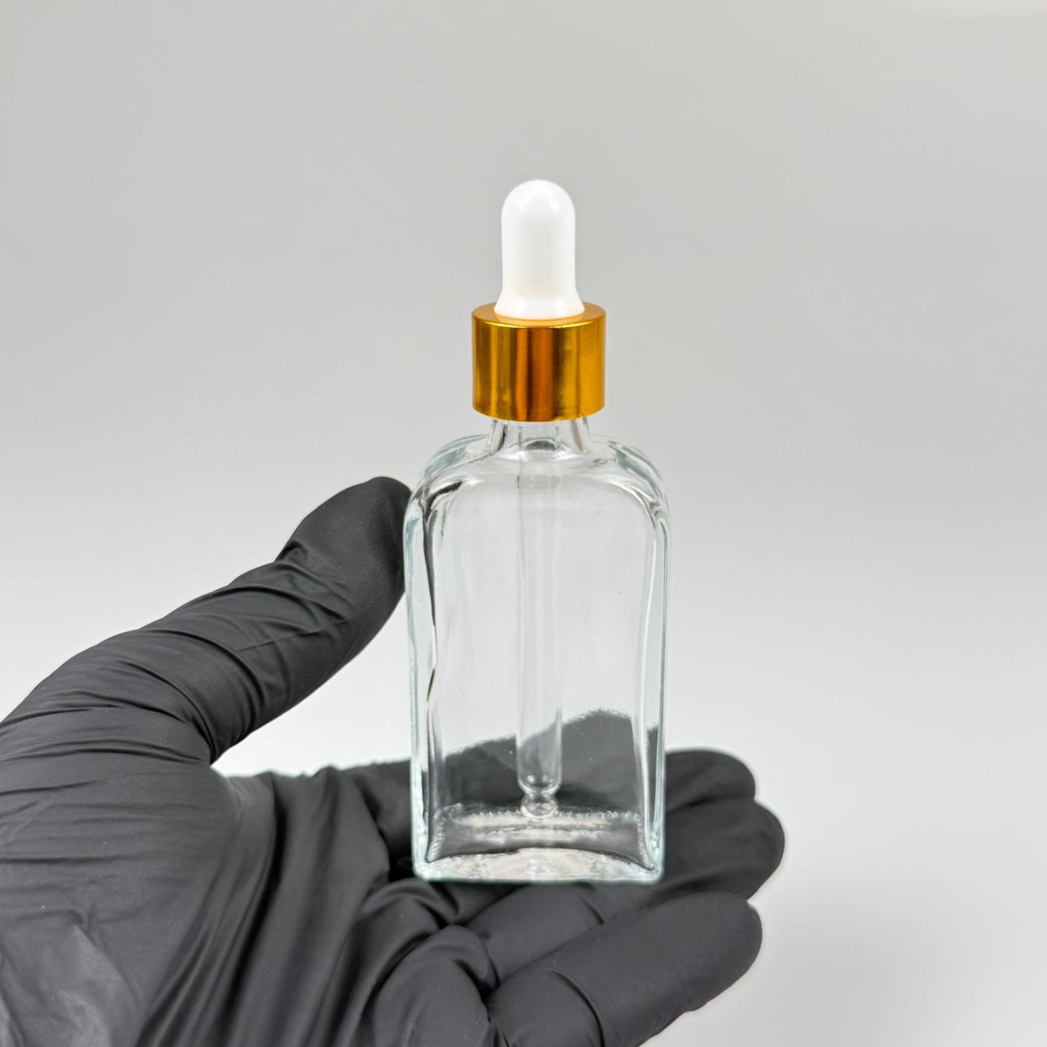 40 CC YASSI DİKDÖRTGEN PRESTİJLİ CAM DAMLALIKLI ŞİŞE - BEYAZ EMZİK - GOLD METALİK KAPAK - 40 ML CAM DAMLALIKLI ŞİŞE - DAMLALIKLI BOŞ ŞİŞE