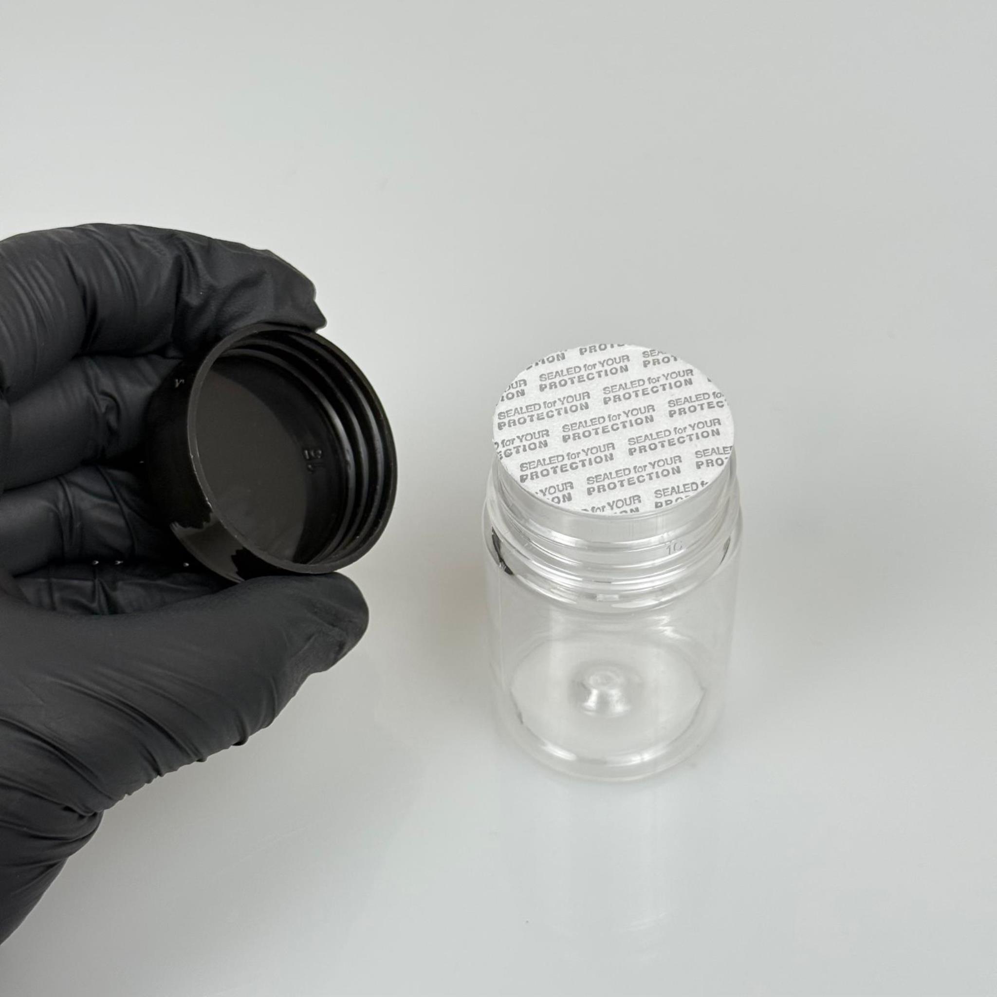 50 CC PET ŞİŞE GENİŞ AĞIZLI  - SİYAH KAPAKLI + KENDİNDEN YAPIŞKANLI KÖPÜK CONTALI - 50 ML PLASTİK NUMUNE KAVANOZU, MİNİ TABLET KAVANOZU
