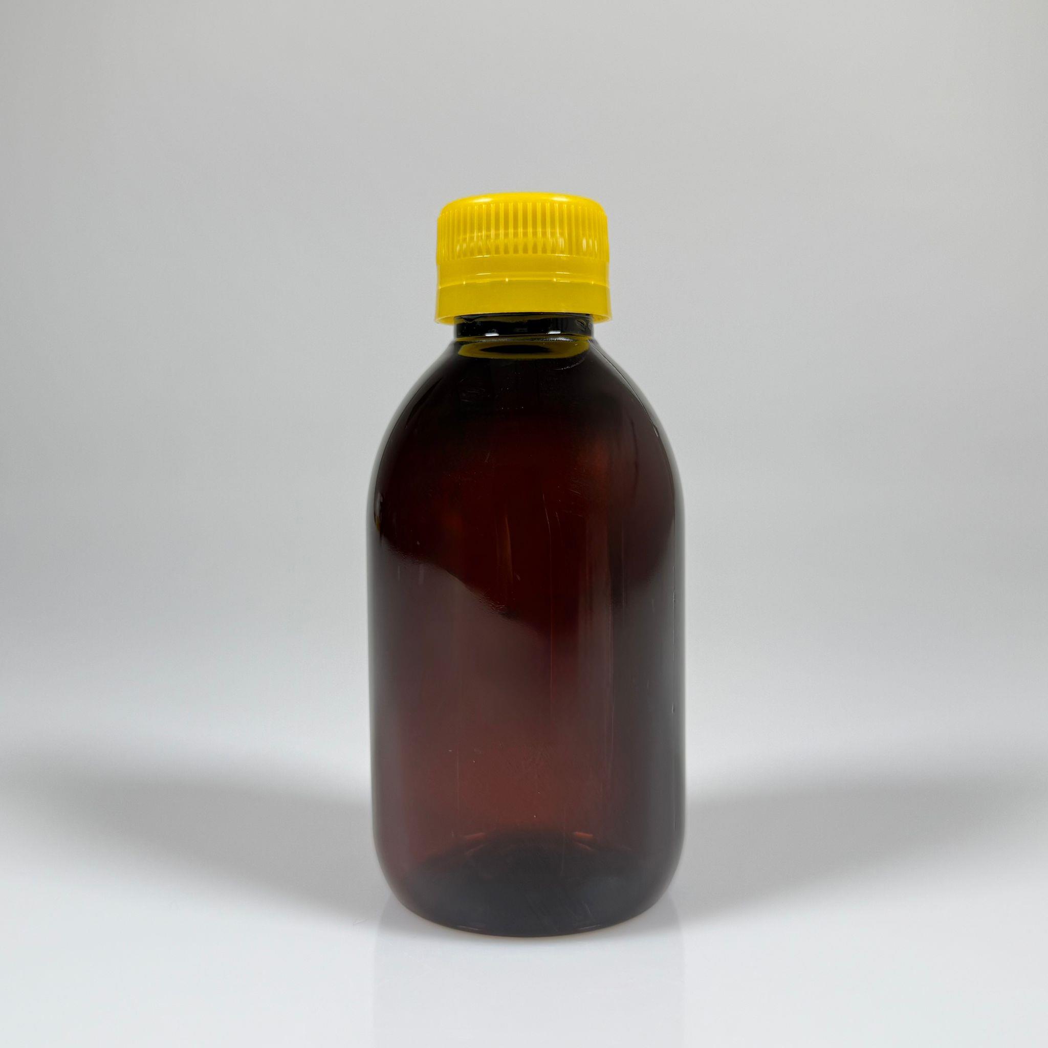 200 CC AMBER PET ECZA ŞİŞESİ - SARI KİLİTLİ CONTALI KAPAKLI  - 200 ML KAHVERENGİ PLASTİK ŞURUP ŞİŞESİ (21 GR)