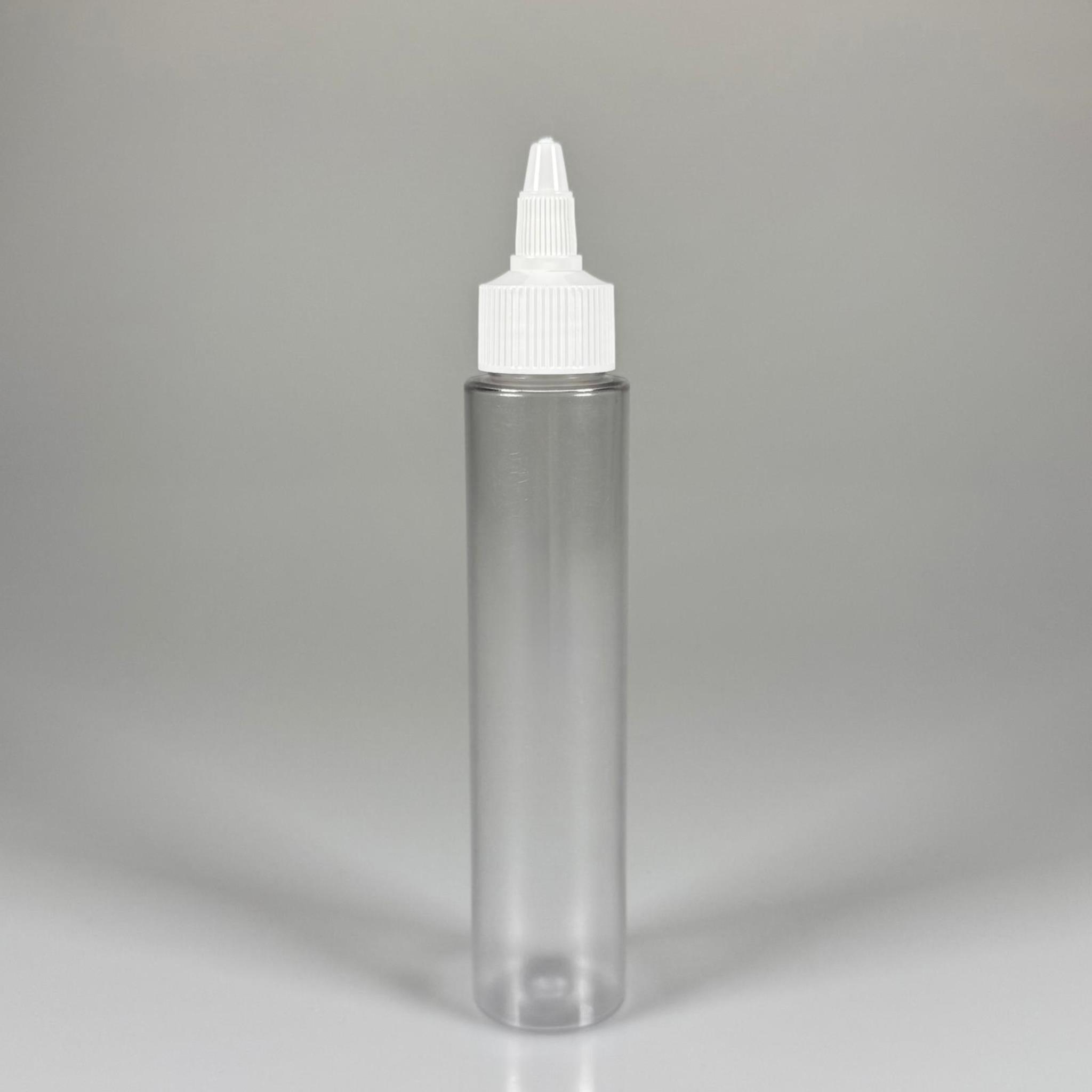 100 CC UZUN SİLİNDİR BUĞULU PET ŞİŞE (24 GR)  - BEYAZ TWİST SİVRİ ASANSÖR AKITICI KAPAKLI - 100 ML BİBERİYE SUYU, LAVANTA YAĞI, SAÇ SERUM, TONİK VB İÇİN PLASTİK KOZMETİK AMBALAJLARI