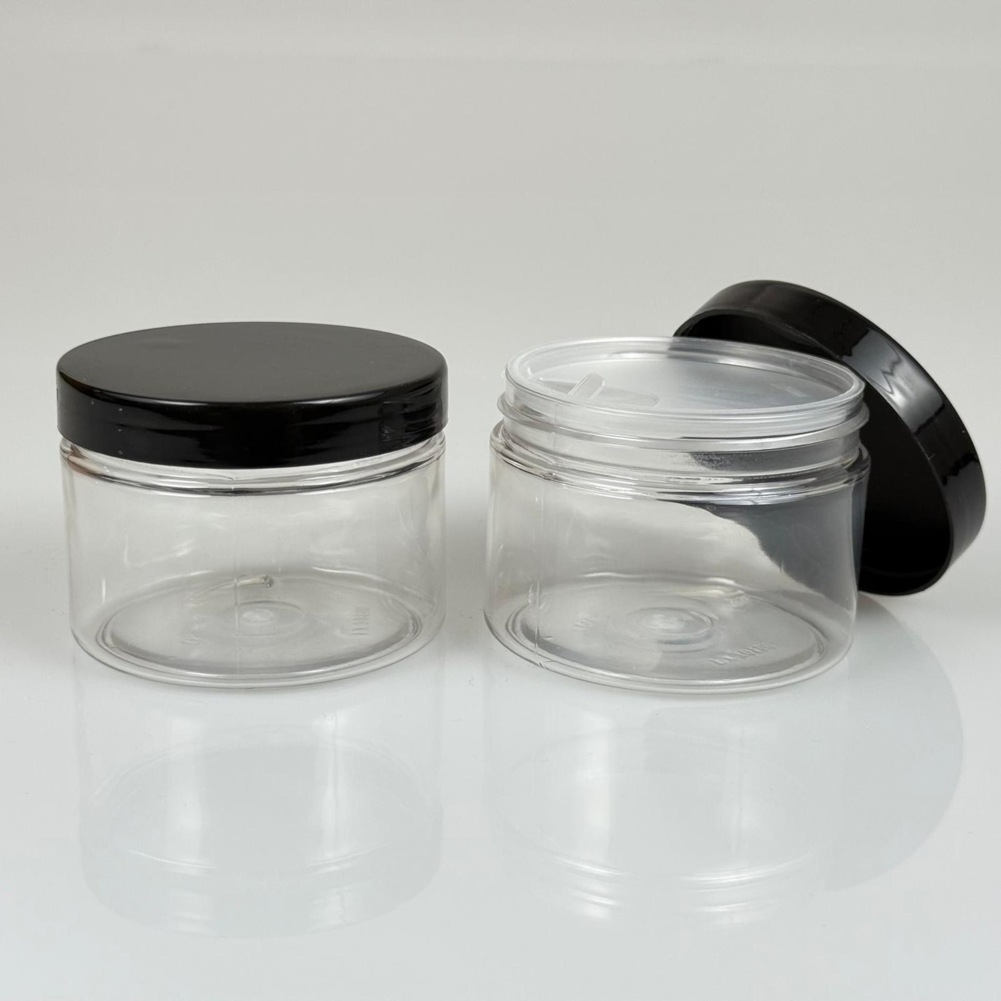 150 ML SERT PET KAVANOZ + SİYAH PLASTİK KAPAK + İÇ TIPA - 150 CC KALIN ŞEFFAF PLASTİK KAVANOZ SİYAH PLASTİK KAPAKLI İÇ TIPALI TAKIM - KREM KAVANOZLARI