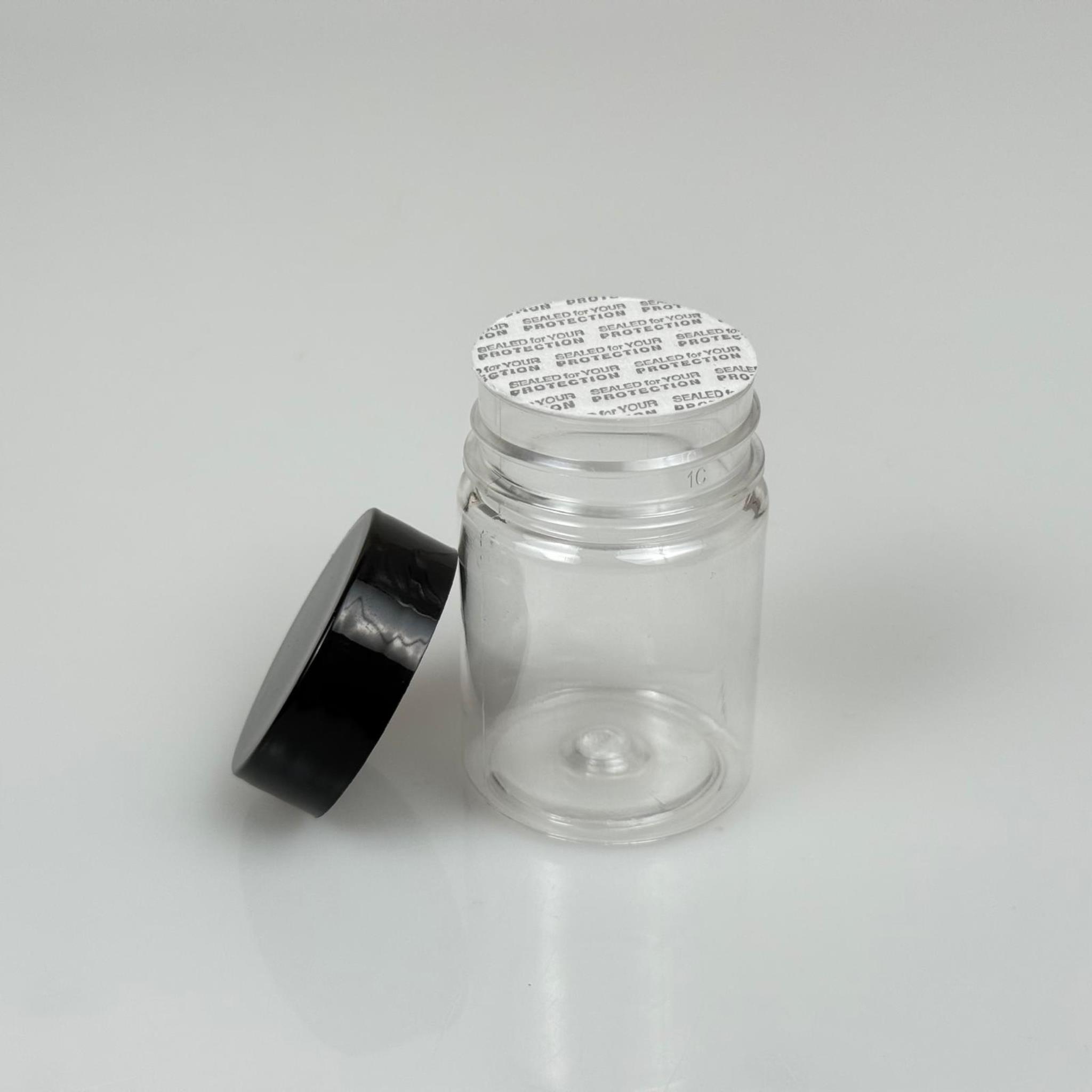 50 CC PET ŞİŞE GENİŞ AĞIZLI  - SİYAH KAPAKLI + KENDİNDEN YAPIŞKANLI KÖPÜK CONTALI - 50 ML PLASTİK NUMUNE KAVANOZU, MİNİ TABLET KAVANOZU