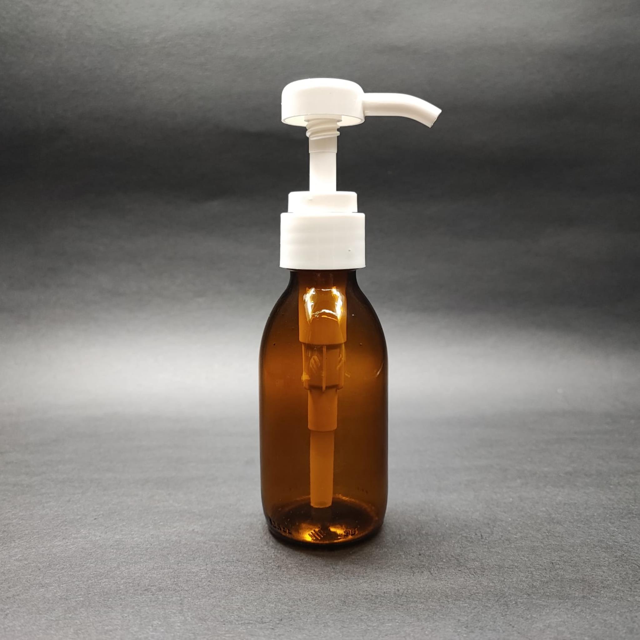 125 CC AMBER CAM ŞİŞE + BEYAZ DOZAJ POMPALI (HER BASMADA 4 CC SIVI ATAR)  - 125 ML POMPALI ŞİŞE - ŞURUP, ŞAMPUAN, KREM GİBİ YOĞUN KIVAMLI SIVILARDA KULLANILIR