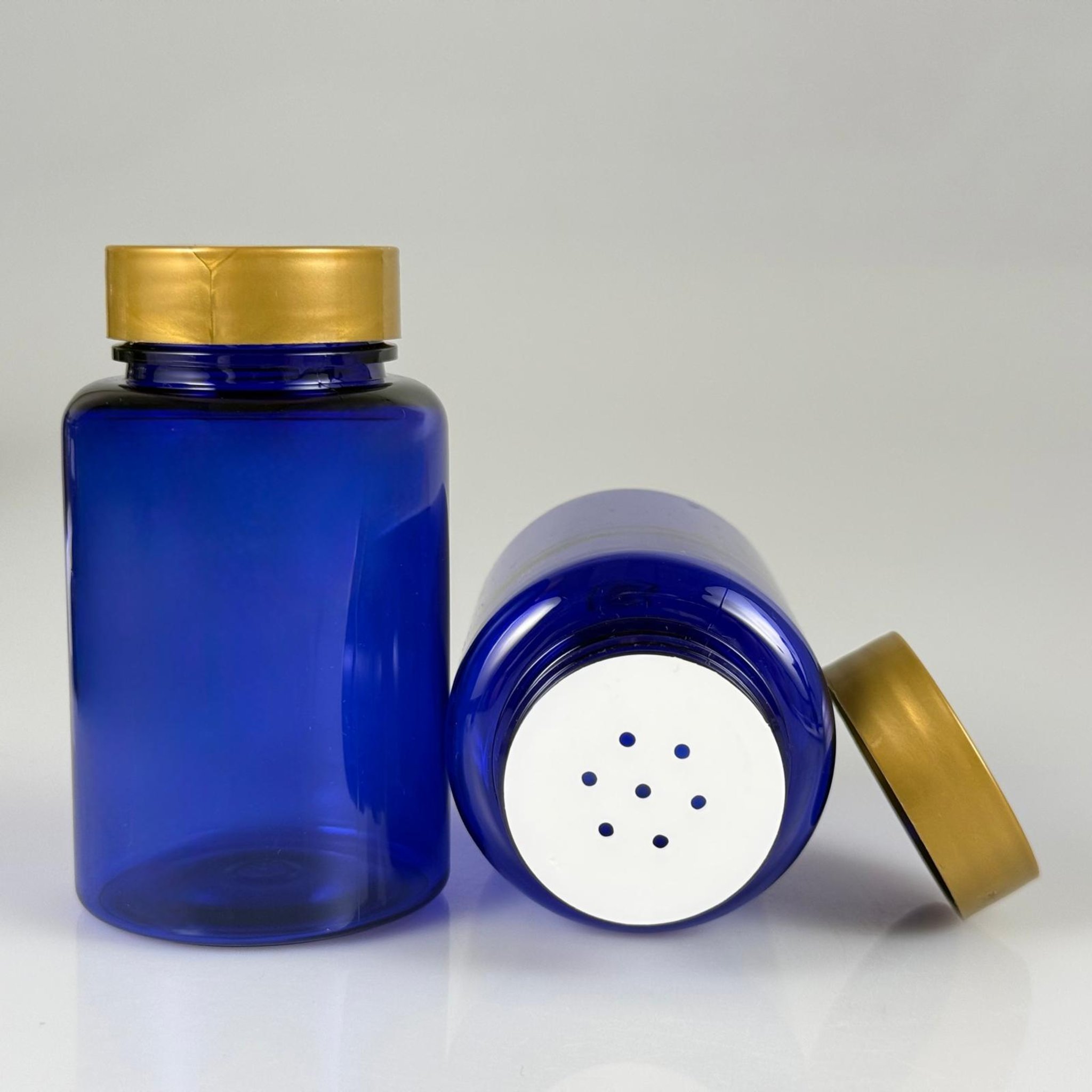 150 CC MAVİ PET PUDRA ŞİŞESİ + GOLD PLASTİK KAPAKLI + PUDRA TIPALI TAKIM - 150 ML PUDRA KUTUSU, EKO TUZLUK