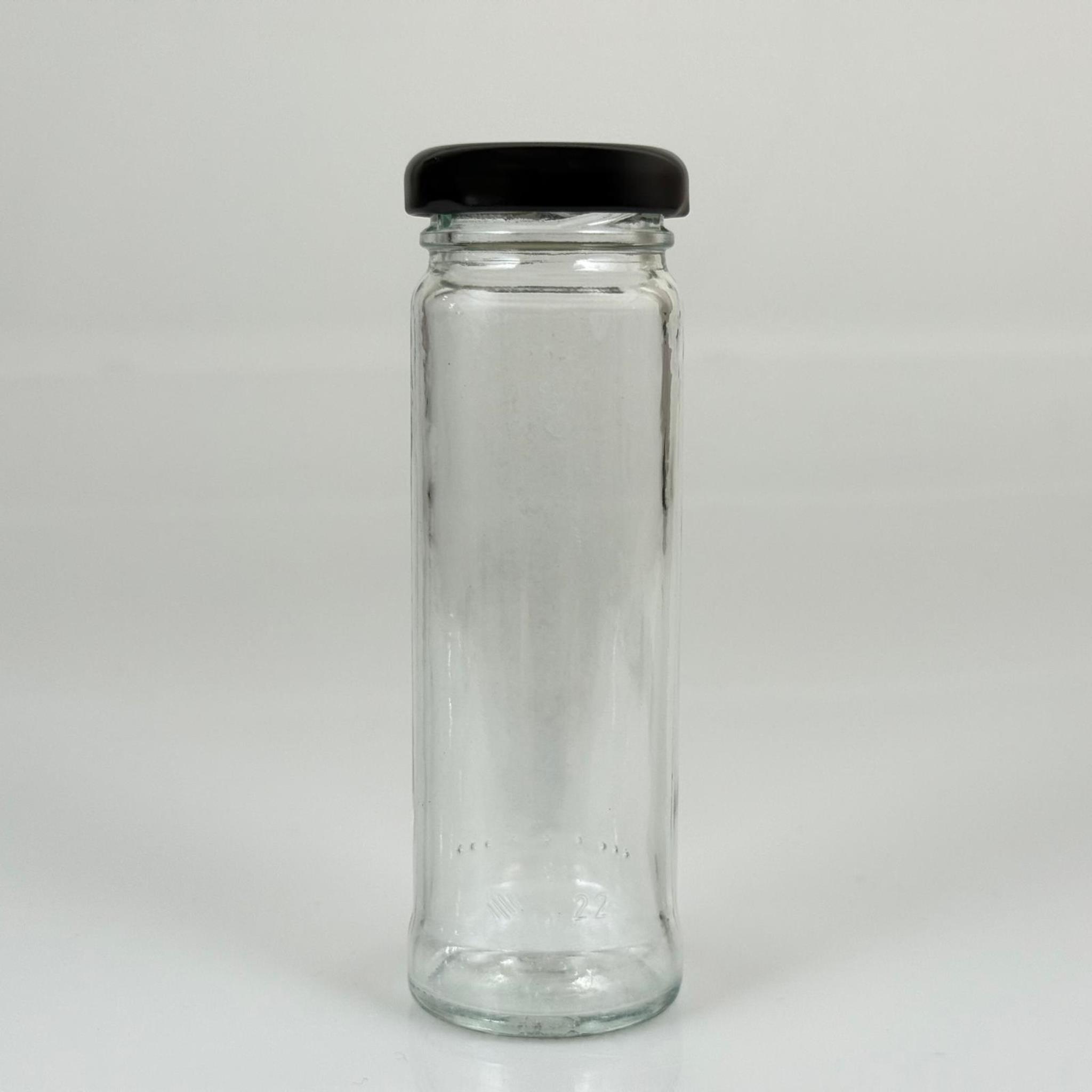 105 CC UZUN CAM KAVANOZ - SİYAH METAL KAPAKLI - 105 ML UZUN KAVANOZ (ŞİŞECAM KODU: 140111)