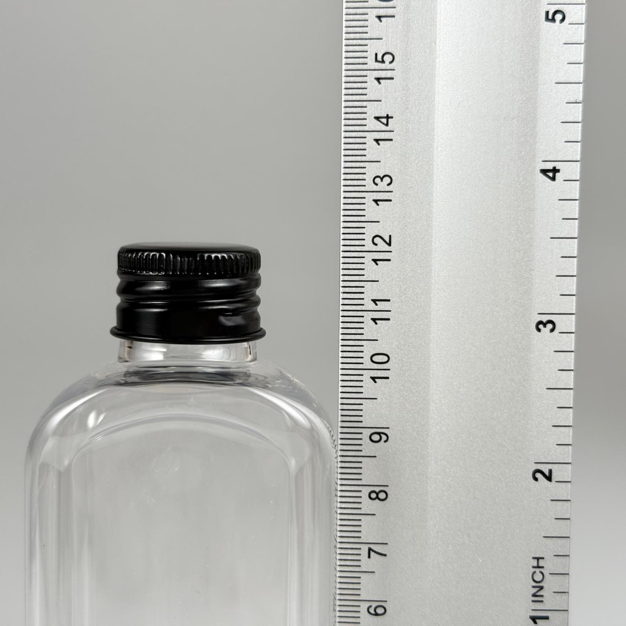 140 CC YASSI KÖŞELİ MODEL ŞEFFAF PET ŞİŞE (24 AĞIZ) + KÖPÜK CONTALI SİYAH METAL ALÜMİNYUM KAPAK TAKIM - 140 ML KAPAKLI PLASTİK ŞİŞELER