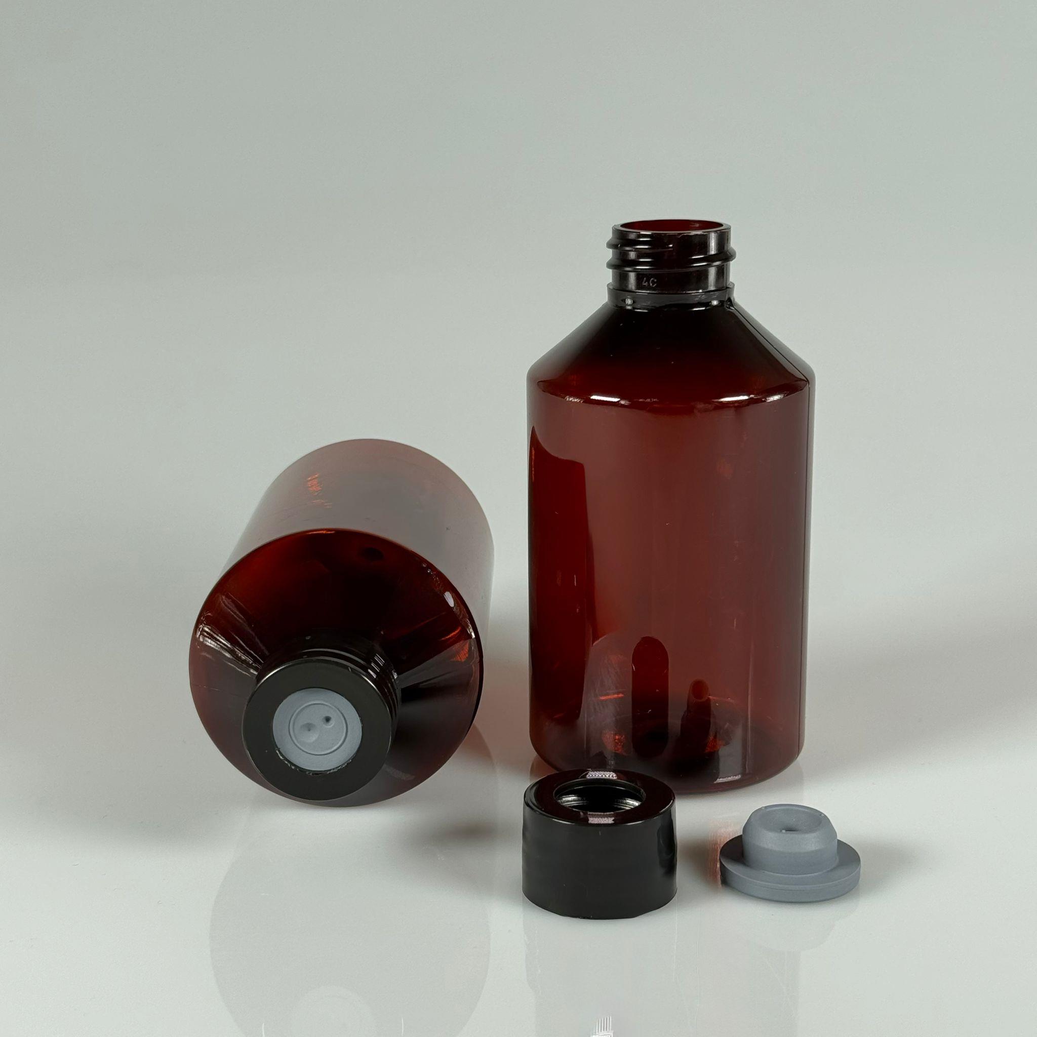 FLAKON ENJEKTÖR SERUM ŞİŞESİ - 250 ML ECZA PLASTİK PET ŞİŞE + VİDALI DELİKLİ KAPAK (ELLE ÇEVİREREK KAPANIR) + KAUÇUK BUTİL TIPA TAKIM