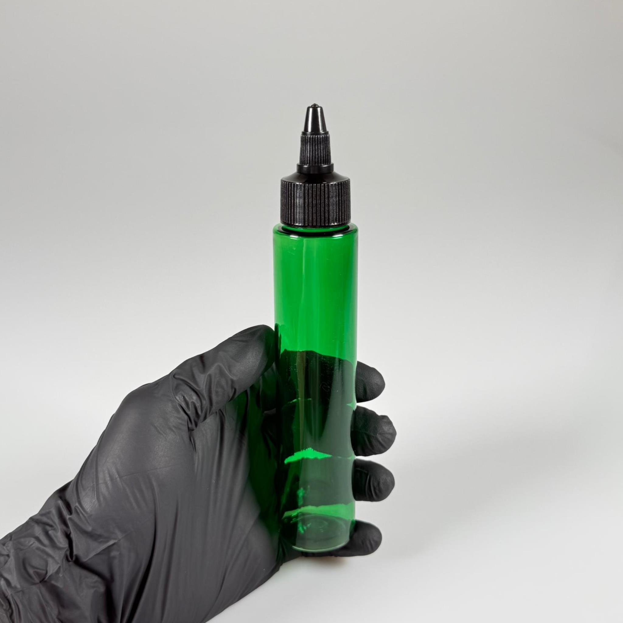 100 CC UZUN SİLİNDİR YEŞİL PET ŞİŞE (24 GR)  - SİYAH TWİST SİVRİ ASANSÖR AKITICI KAPAKLI - 100 ML BİBERİYE SUYU, LAVANTA YAĞI, SAÇ SERUM, TONİK VB İÇİN PLASTİK KOZMETİK AMBALAJLARI