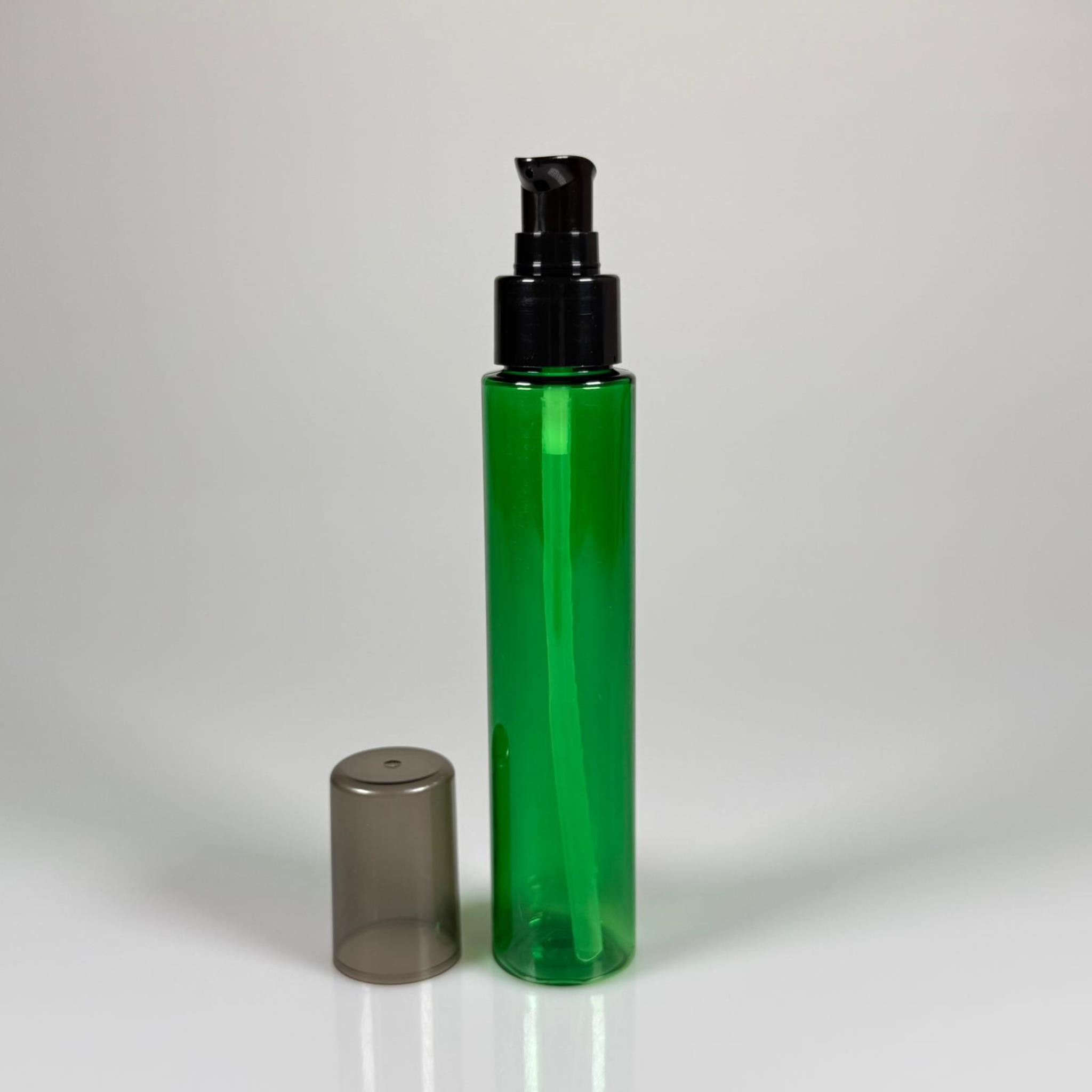 100 CC UZUN SİLİNDİR YEŞİL PET ŞİŞE (24 GR)  - SİYAH LOSYON POMPALI - 100 ML BİBERİYE SUYU, LAVANTA YAĞI, SAÇ SERUM, TONİK VB İÇİN PLASTİK KOZMETİK AMBALAJLARI