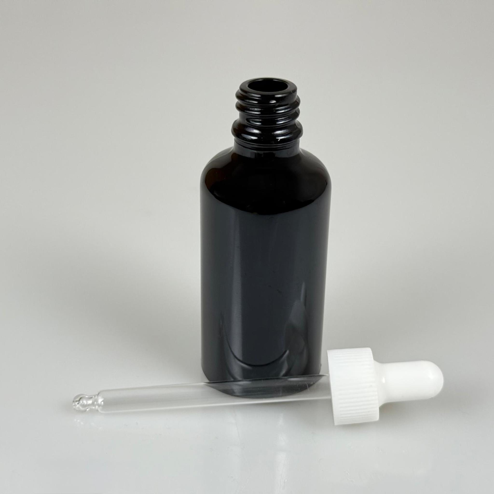50 CC SİYAH CAM DAMLALIKLI ŞİŞE - BEYAZ EMZİK - BEYAZ PLASTİK KAPAK - 50 ML SİYAH CAM DAMLALIKLI ŞİŞE