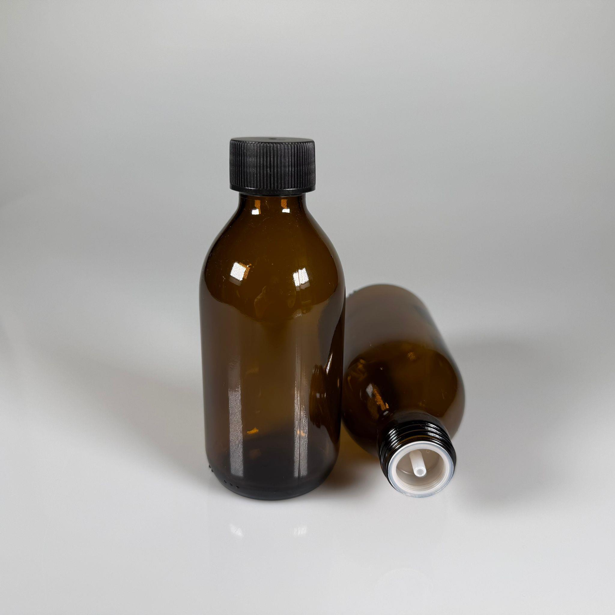 200 ML DOLUMU KOLAY, GENİŞ AĞIZLI İÇTEN DAMLALIKLI ŞİŞE (28 MM AĞIZ)  - 200 CC SİYAH CONTALI KAPAKLI İÇTEN DAMLALIKLI CAM ECZA ŞİŞESİ - AMBER KAHVERENGİ