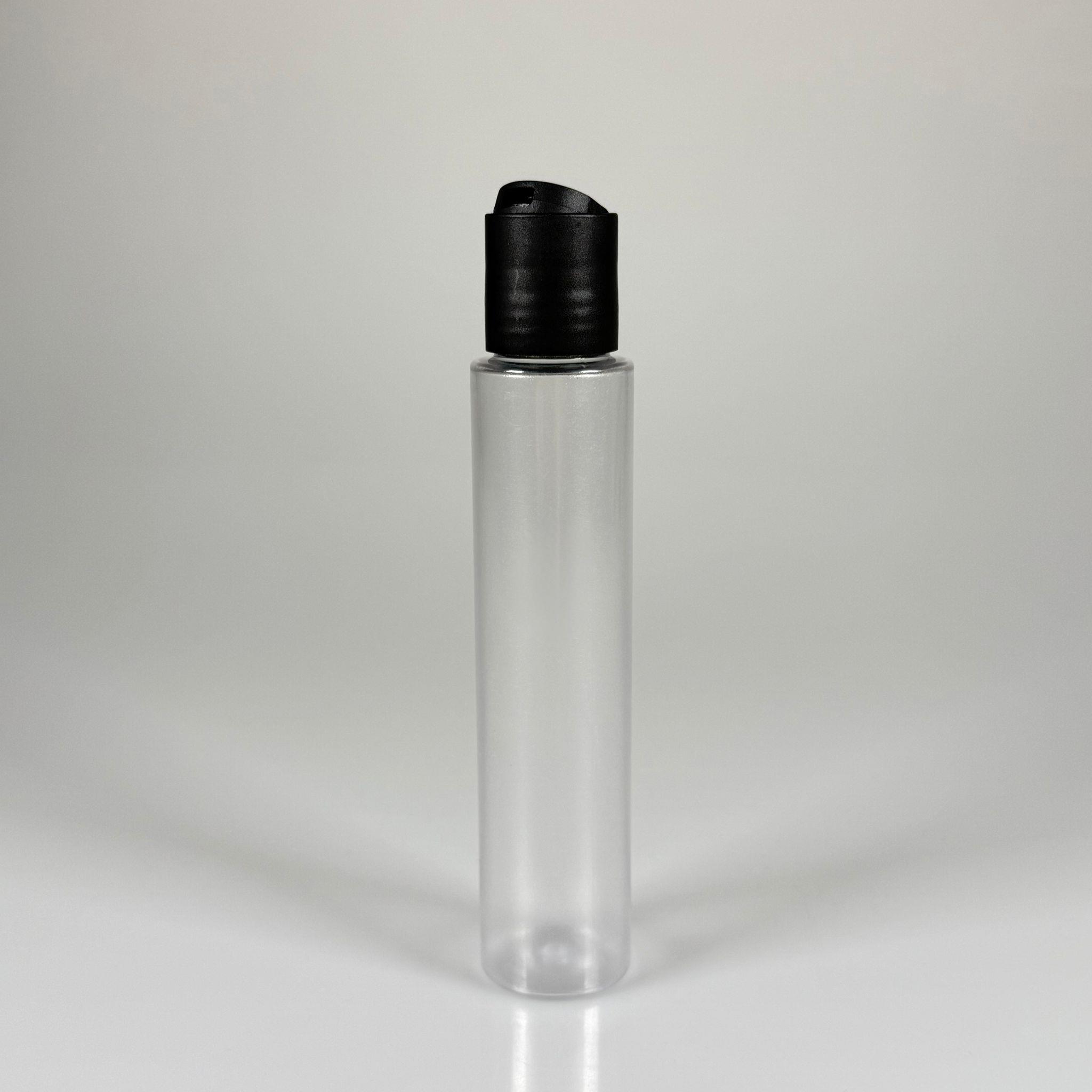 100 CC UZUN SİLİNDİR BUĞULU PET ŞİŞE (24 GR)  - SİYAH DİSKTOP AKITICI ŞAMPUAN KAPAKLI - 100 ML BİBERİYE SUYU, LAVANTA YAĞI, SAÇ SERUM, TONİK VB İÇİN PLASTİK KOZMETİK AMBALAJLARI