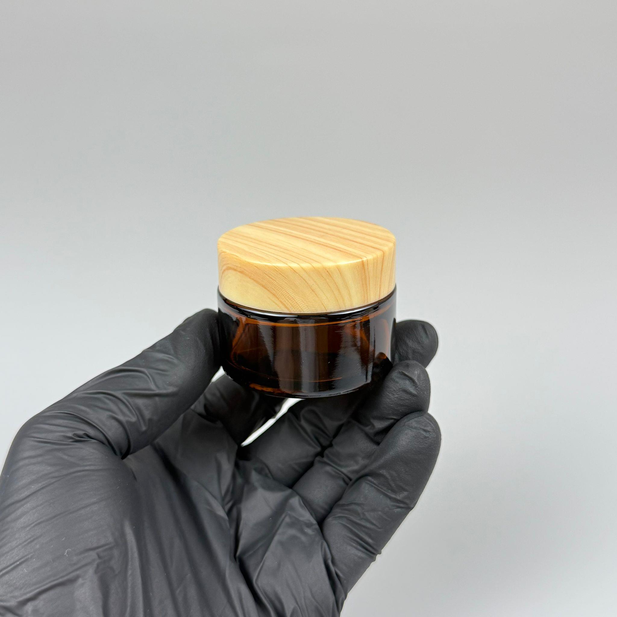 30 CC CAM AMBER KREM KAVANOZU - AHŞAP DESENLİ PLASTİK KAPAKLI İÇ CONTALI - 30 ML KAHVERENGİ CAM KAVANOZ  - KOZMETİK KAVANOZ