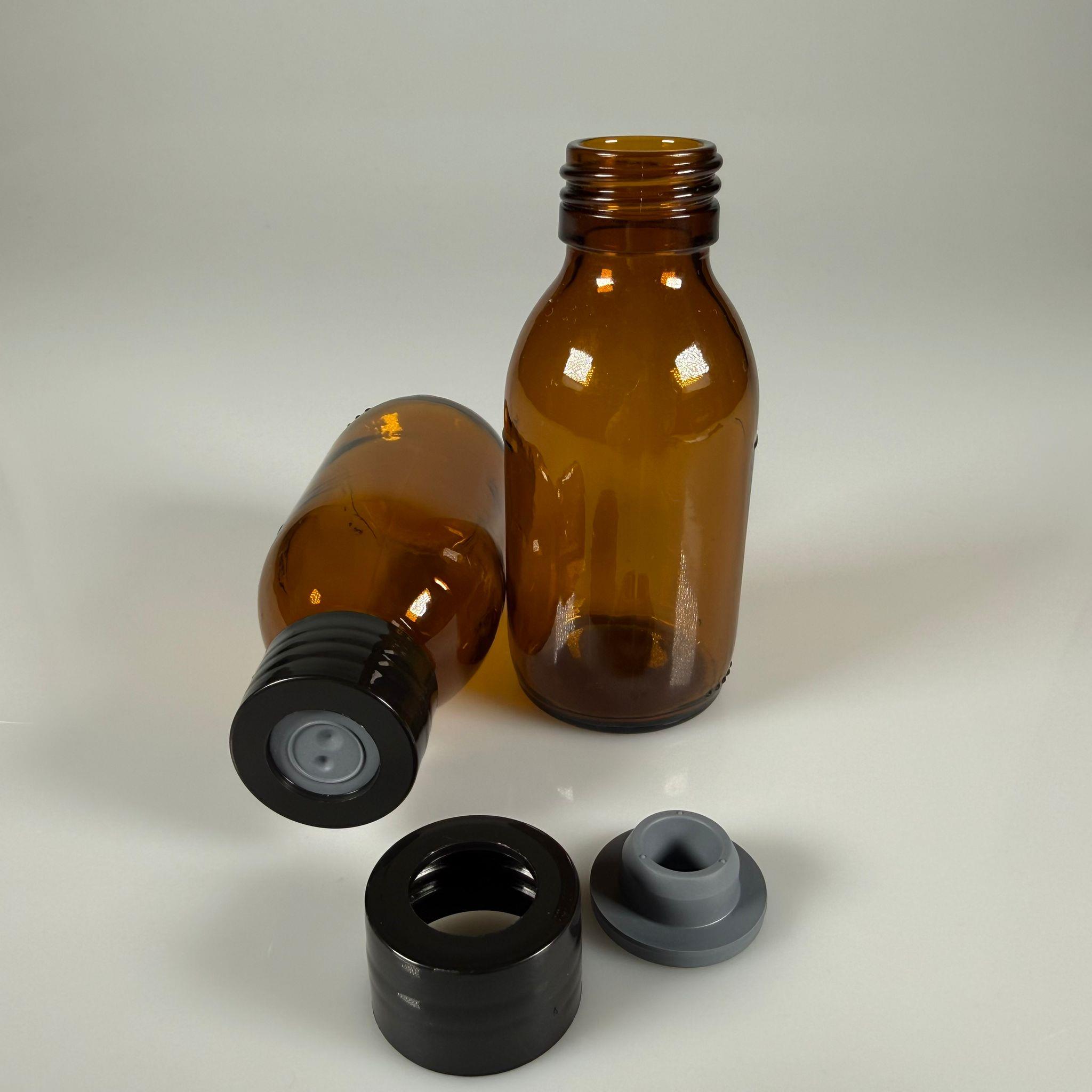 FLAKON ENJEKTÖR SERUM ŞİŞESİ - 100 ML AMBER ECZA CAM ŞİŞE + VİDALI DELİKLİ KAPAK (ELLE ÇEVİREREK KAPANIR) + KAUÇUK BUTİL TIPA TAKIM