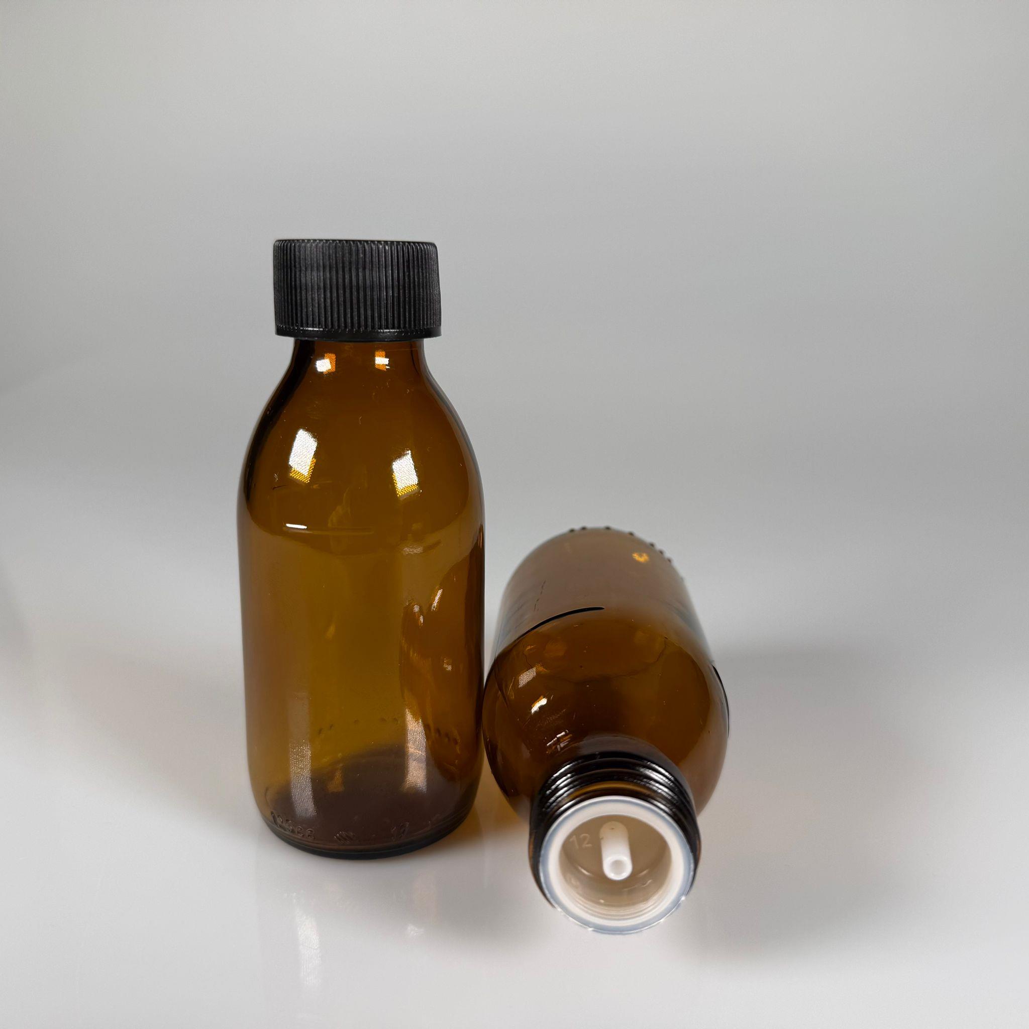 125 ML DOLUMU KOLAY, GENİŞ AĞIZLI İÇTEN DAMLALIKLI ŞİŞE (28 MM AĞIZ)  - 125 CC SİYAH CONTALI KAPAKLI İÇTEN DAMLALIKLI CAM ECZA ŞİŞESİ - AMBER KAHVERENGİ