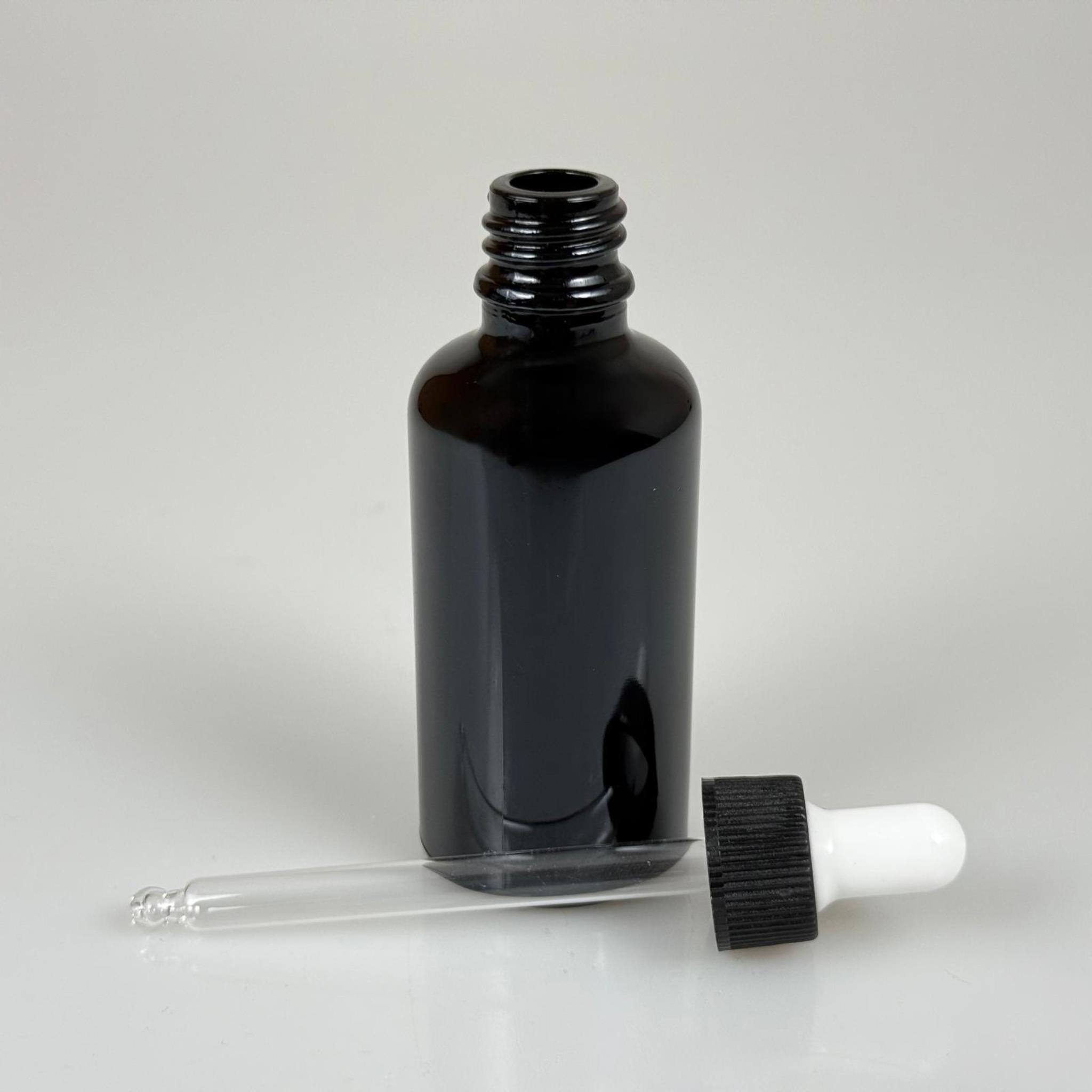 50 CC SİYAH CAM DAMLALIKLI ŞİŞE - BEYAZ EMZİK - SİYAH PLASTİK KAPAK - 50 ML SİYAH CAM DAMLALIKLI ŞİŞE