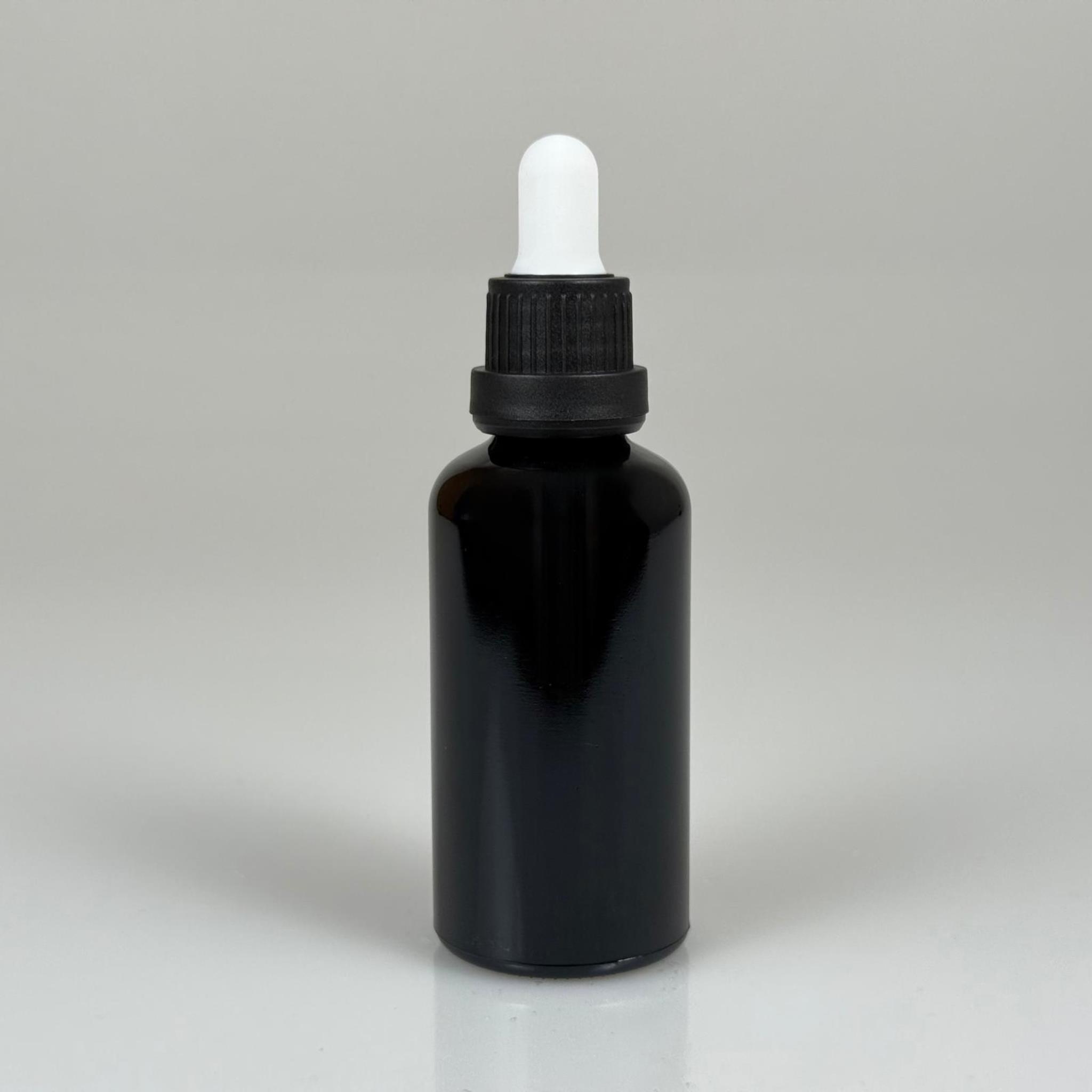 50 CC SİYAH CAM DAMLALIKLI ŞİŞE - BEYAZ EMZİK - SİYAH PLASTİK KİLİTLİ  KAPAK - 50 ML SİYAH CAM DAMLALIKLI ŞİŞE