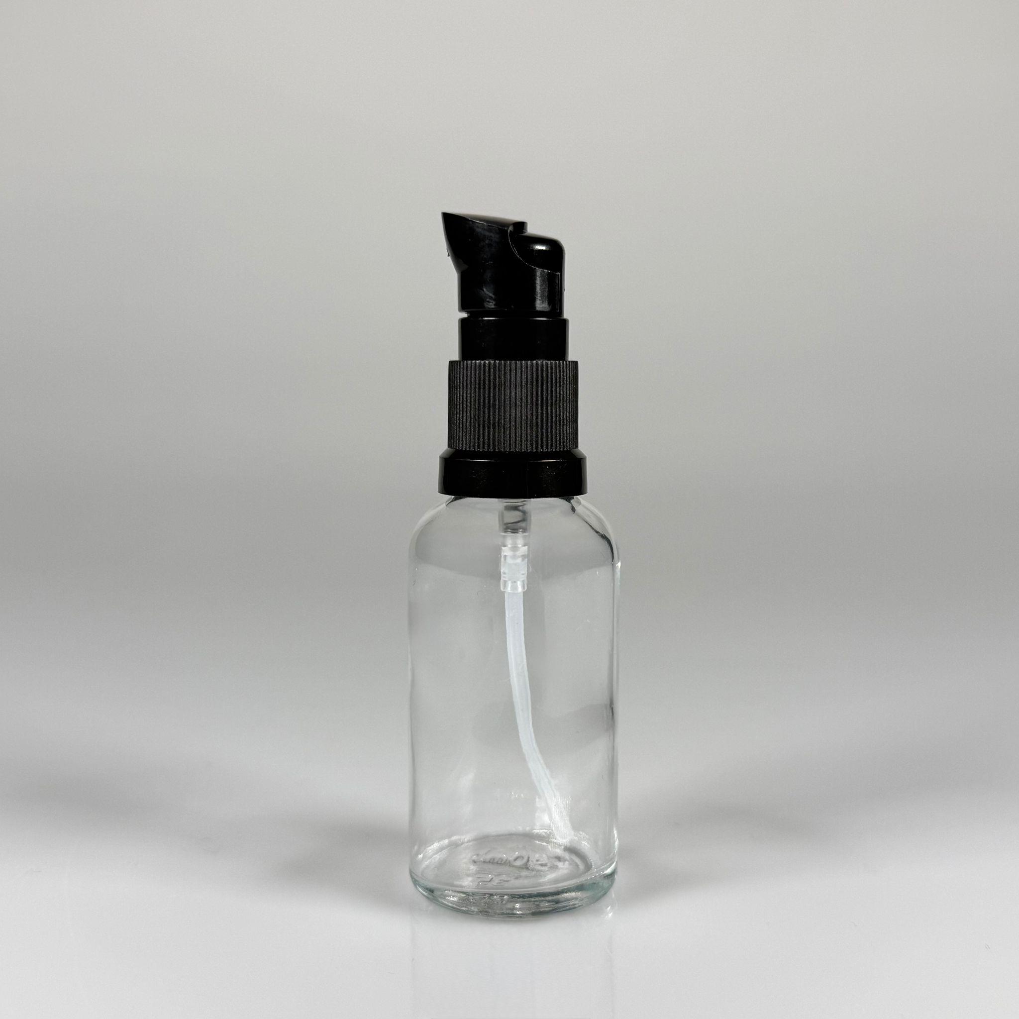 30 CC ŞEFFAF CAM ŞİŞE - SIZDIRMAZ ETEKLİ SİYAH LOSYON POMPALI TAKIM - 30 ML LOSYON ŞİŞESİ - YAĞ, KREM GİBİ YOĞUN KIVAMLI SIVILAR İÇİN CAM AMBALAJ