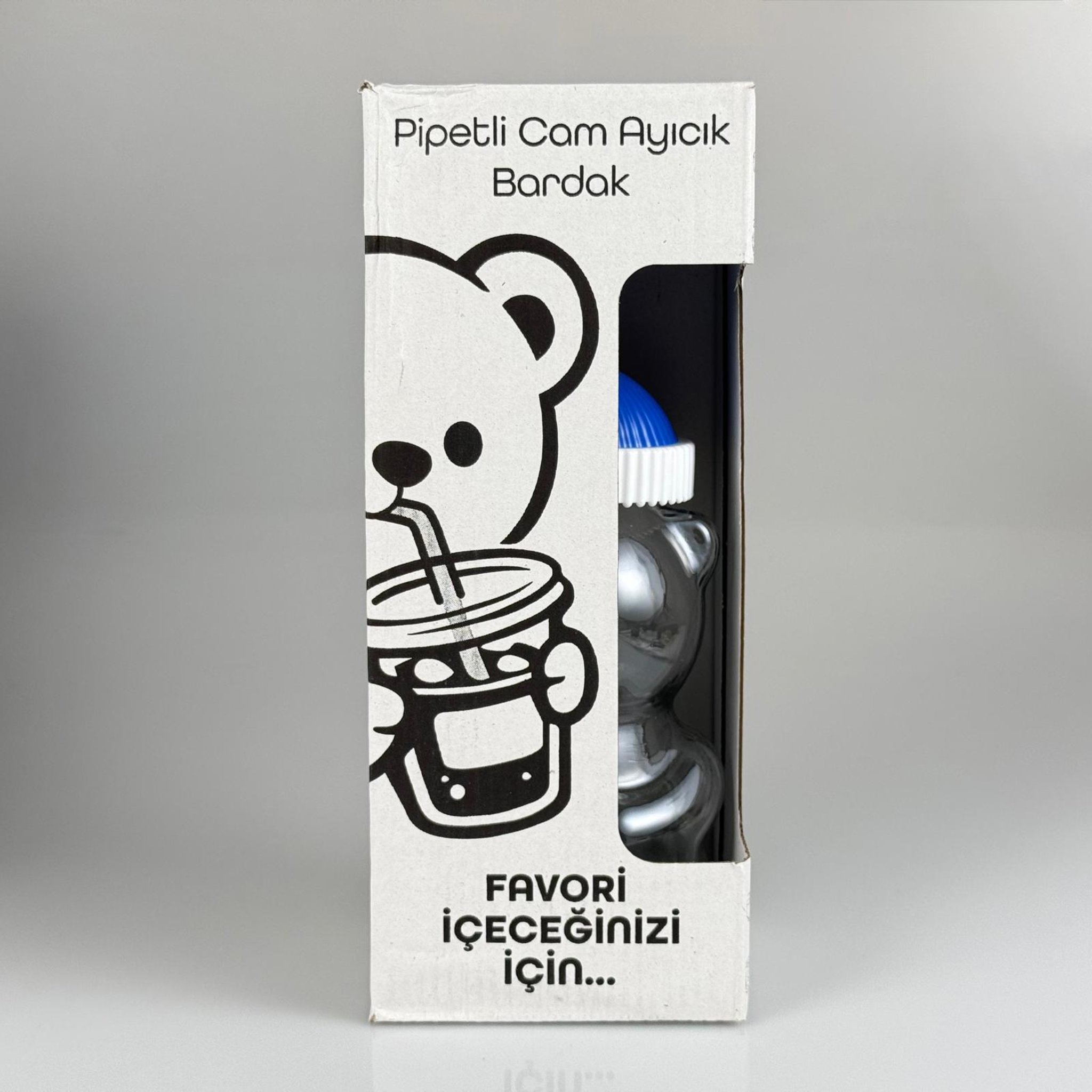 500 CC PİPETLİ CAM AYICIK BARDAK - MAVİ KAPAKLI + FIRÇALI PASLANMAZ ÇELİK GÜMÜŞ PİPETLİ TAKIM - 500 ML AYICIK FİGÜRLÜ PİPETLİ CAM SU , SOĞUK KAHVE ,  MEYVE SUYU ,  MEŞRUBAT BARDAĞI VB - HEDİYELİK BARDAK