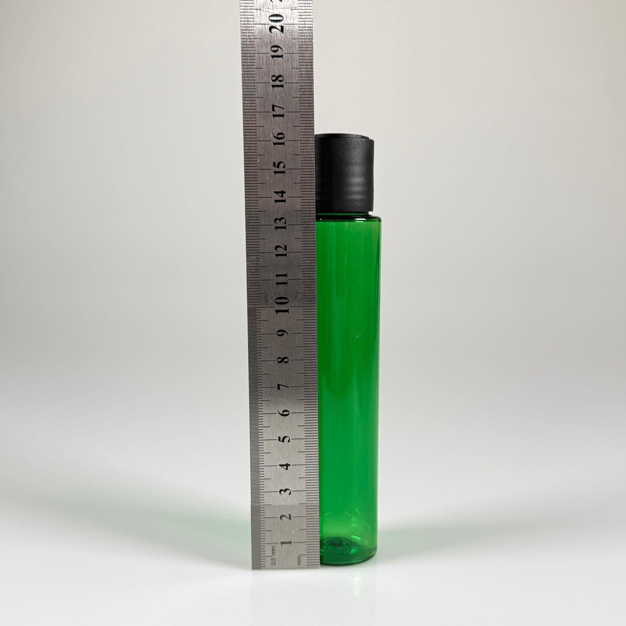 100 CC UZUN SİLİNDİR YEŞİL PET ŞİŞE (24 GR)  - SİYAH DİSKTOP AKITICI ŞAMPUAN KAPAKLI - 100 ML BİBERİYE SUYU, LAVANTA YAĞI, SAÇ SERUM, TONİK VB İÇİN PLASTİK KOZMETİK AMBALAJLARI