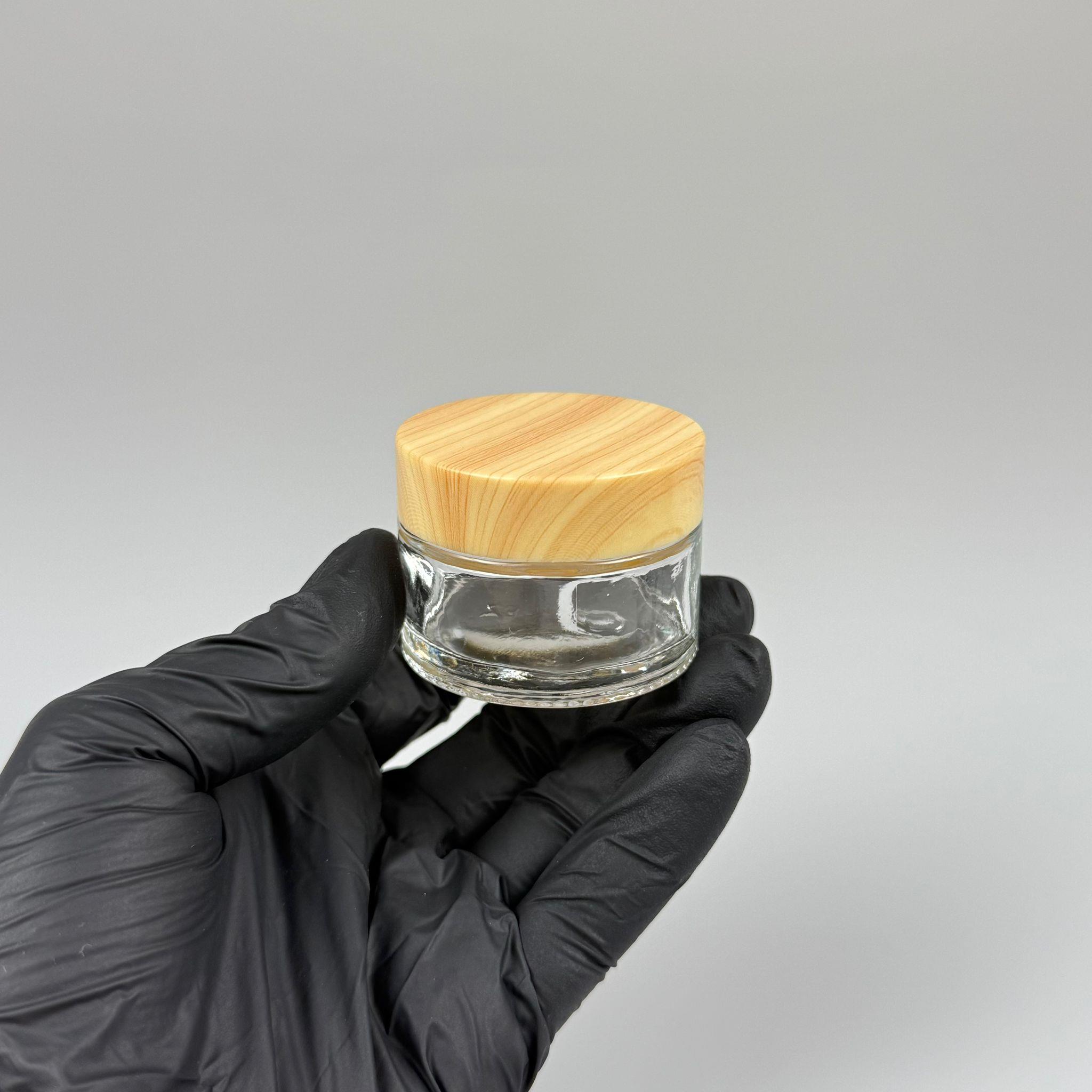 30 CC CAM ŞEFFAF KREM KAVANOZU - AHŞAP DESENLİ PLASTİK KAPAKLI İÇ CONTALI - 30 ML ŞEFFAF CAM KAVANOZ  - KOZMETİK KAVANOZ