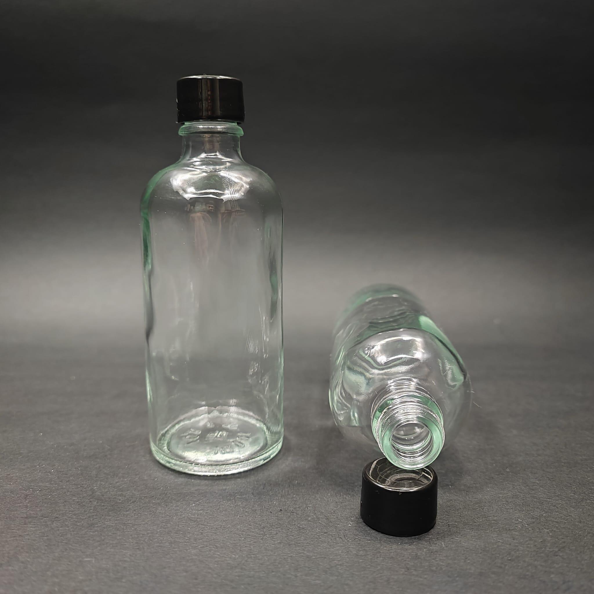 100 CC ŞEFFAF CAM ŞİŞE + KENDİNDEN CONTALI SIZDIRMAZ SİYAH KAPAK - 100 ML KAPAKLI CAM ŞİŞE