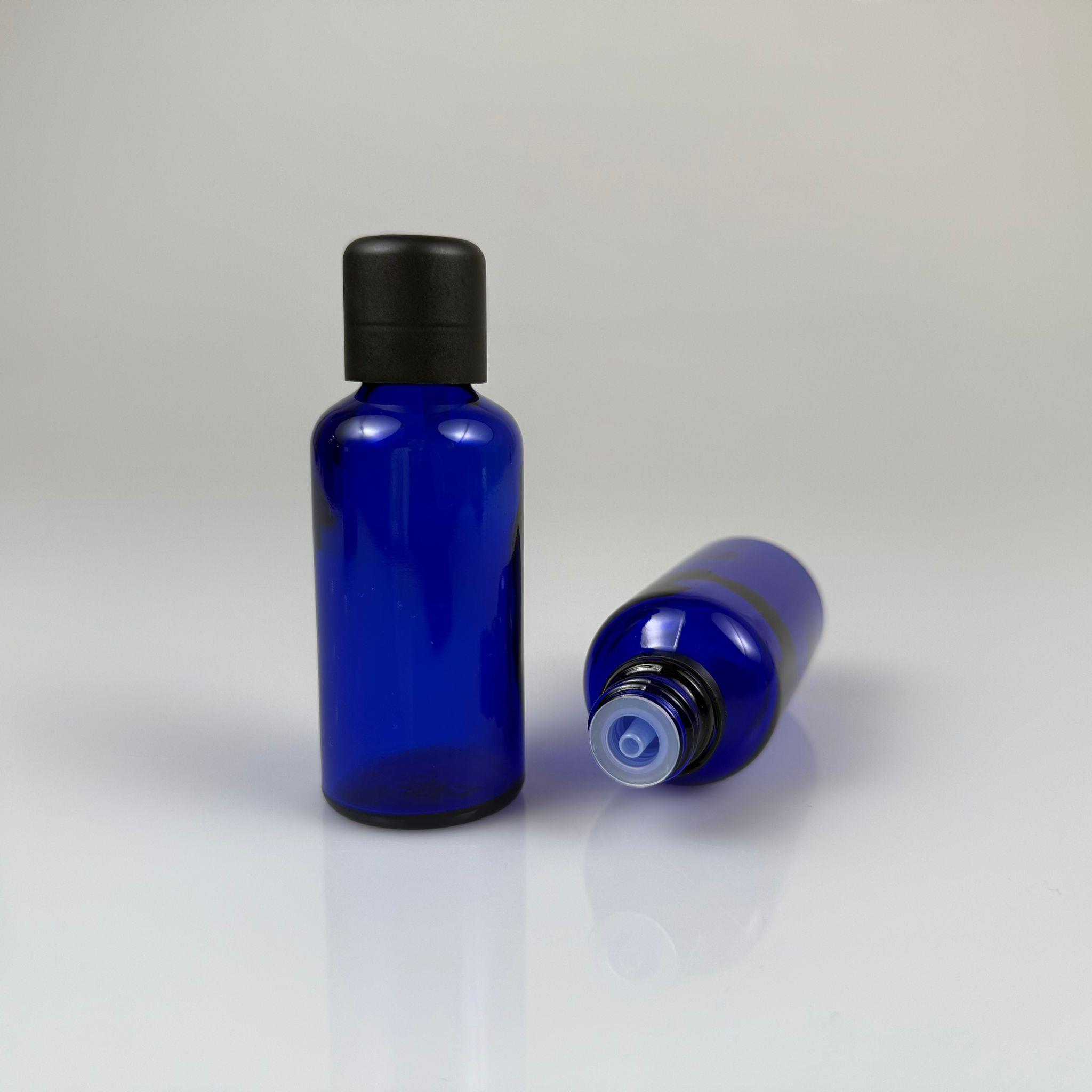 50 CC MAVİ CAM ŞİŞE + İÇTEN DAMLALIKLI ÇOCUK KİLİTLİ SİYAH KAPAK - MAVİ 50 ML KİLİT KAPAKLI DAMLATMALI ŞİŞE