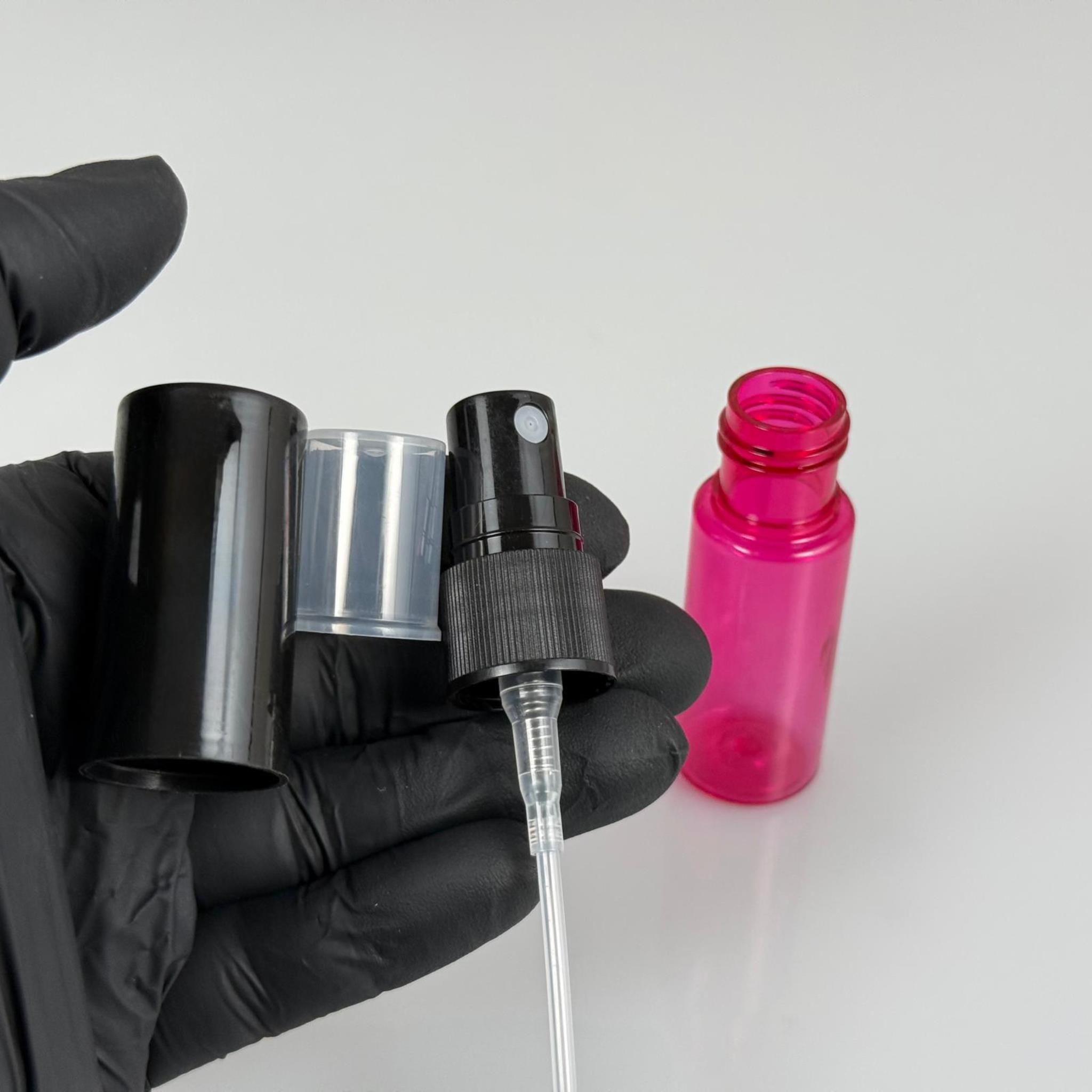 15 CC PEMBE PARFÜM ŞİŞESİ PLASTİK - SİYAH SPREY + SİYAH KAPAK - 15 ML PARFÜM ŞİŞESİ PET