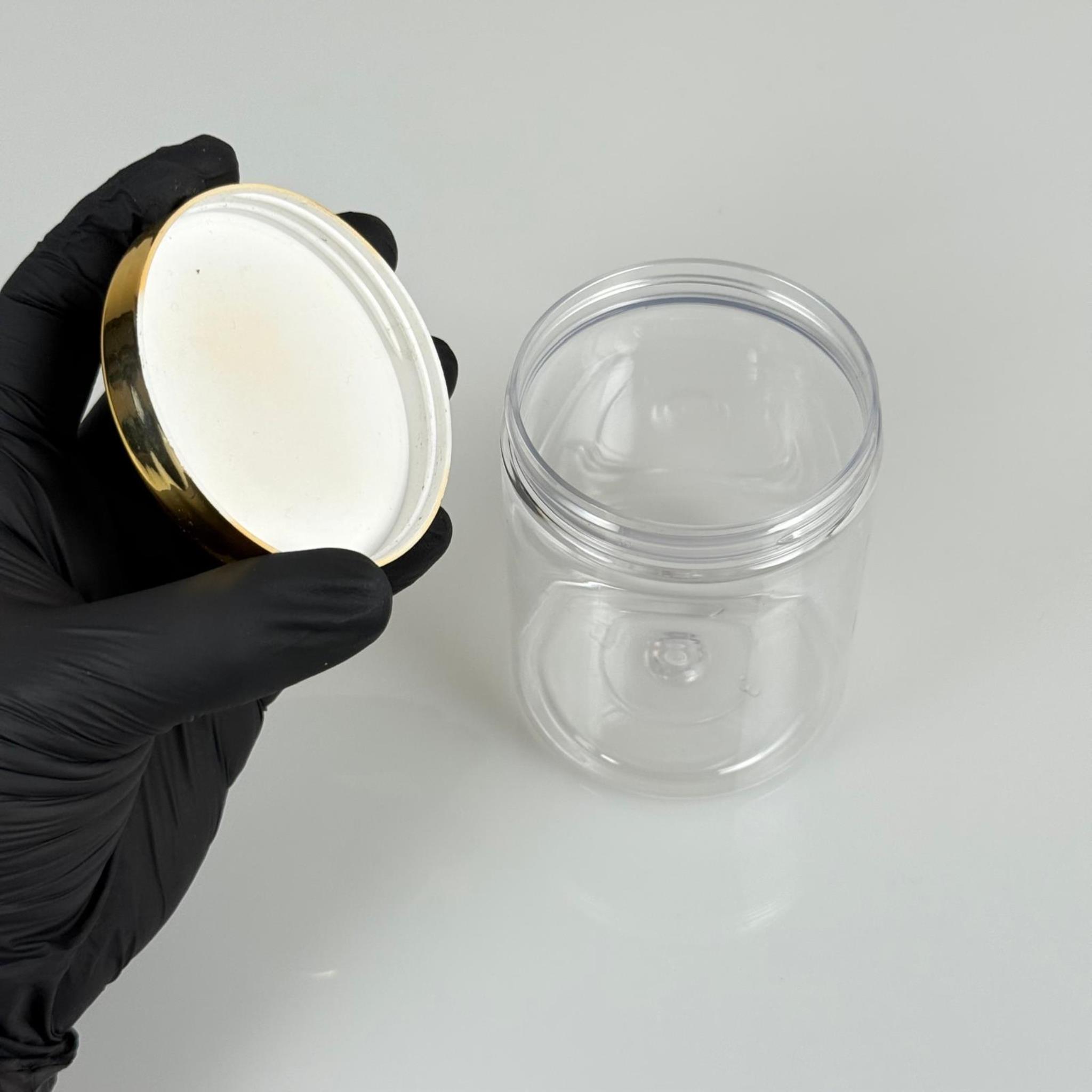 300 CC ŞEFFAF SERT PLASTİK KAVANOZ - GOLD KAPLAMALI PLASTİK KAPAKLI - 300 ML PLASTİK KREM KAVANOZU