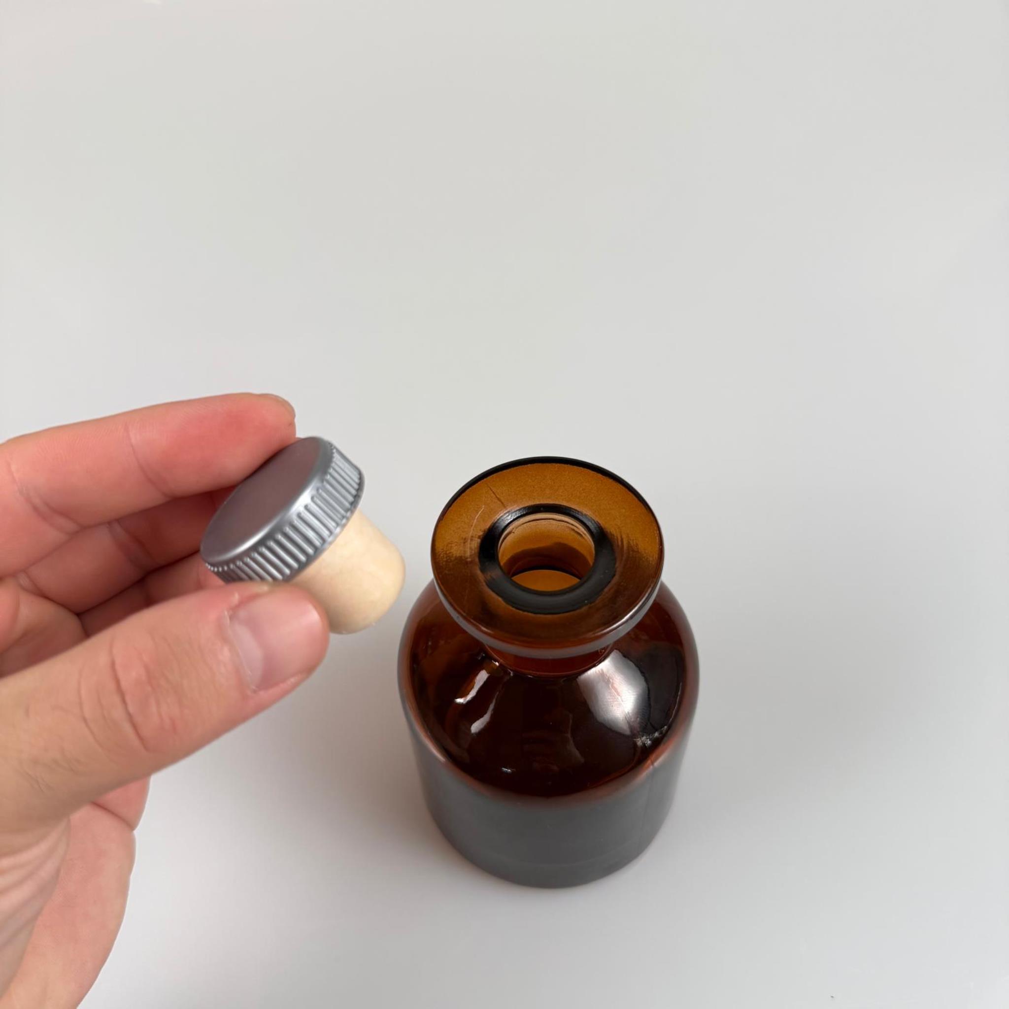 150 CC AMBER CAM SİLİNDİR BAMBU ODA KOKUSU ŞİŞESİ - 150 ML DİFFUSER CAM ŞİŞE + GRİ MANTAR TIPA