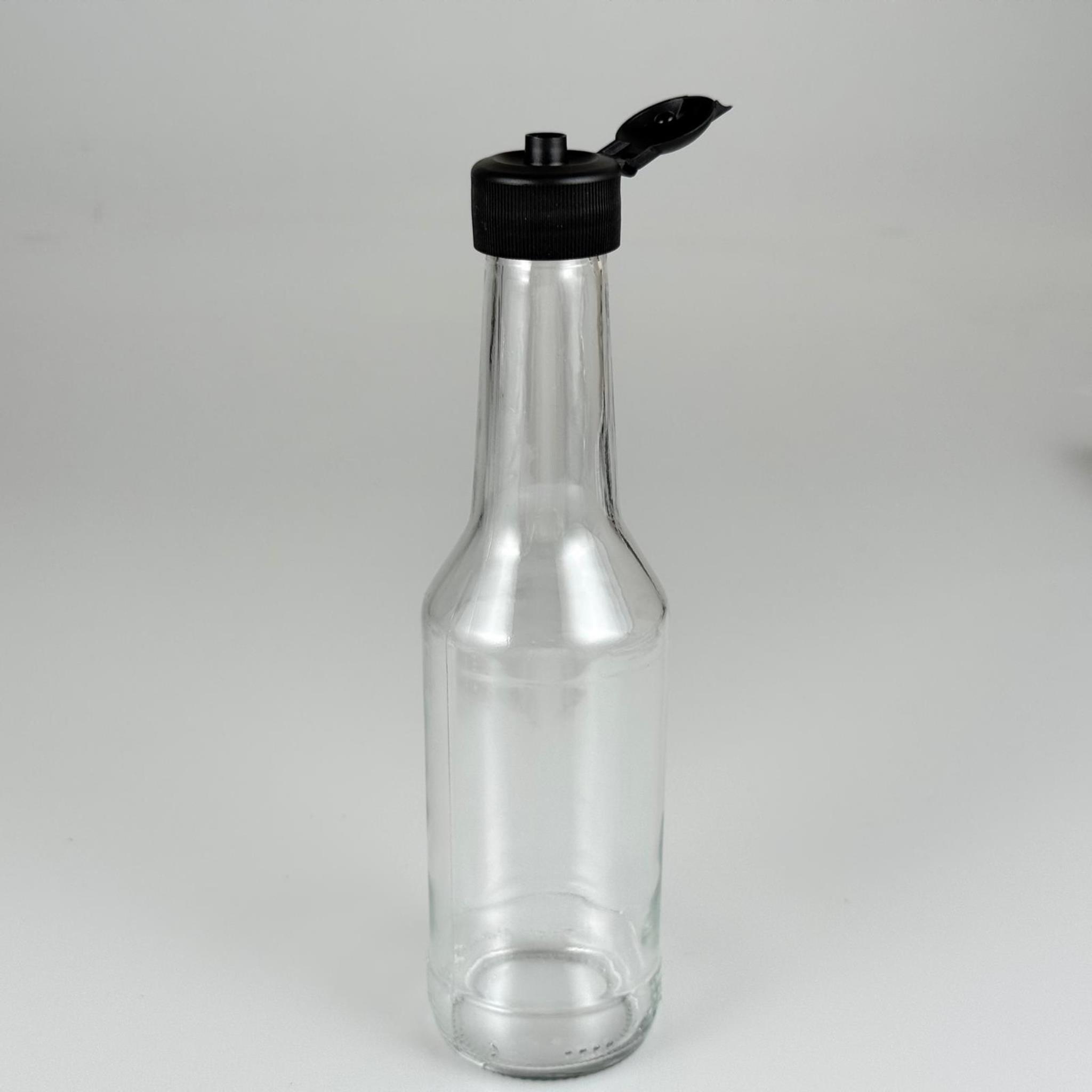 250 CC BOĞAZLI CAM ŞİŞE - SİYAH AKITICILI FLİPTOP KAPAKLI - 250 ML BOŞ CAM ŞİŞE - AÇILIR KAPANIR KAPAKLI