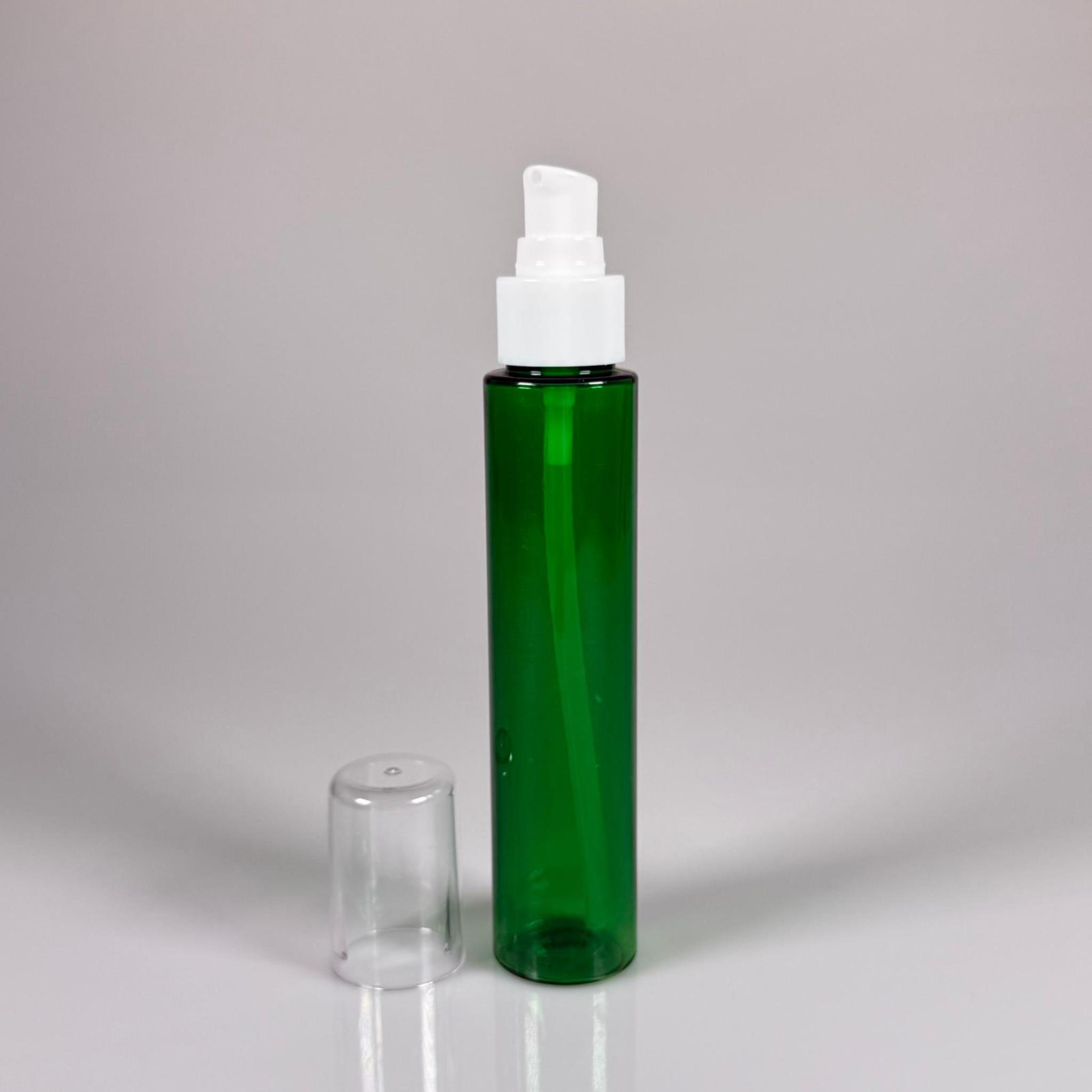 100 CC UZUN SİLİNDİR YEŞİL PET ŞİŞE (24 GR)  - BEYAZ LOSYON POMPALI - 100 ML BİBERİYE SUYU, LAVANTA YAĞI, SAÇ SERUM, TONİK VB İÇİN PLASTİK KOZMETİK AMBALAJLARI