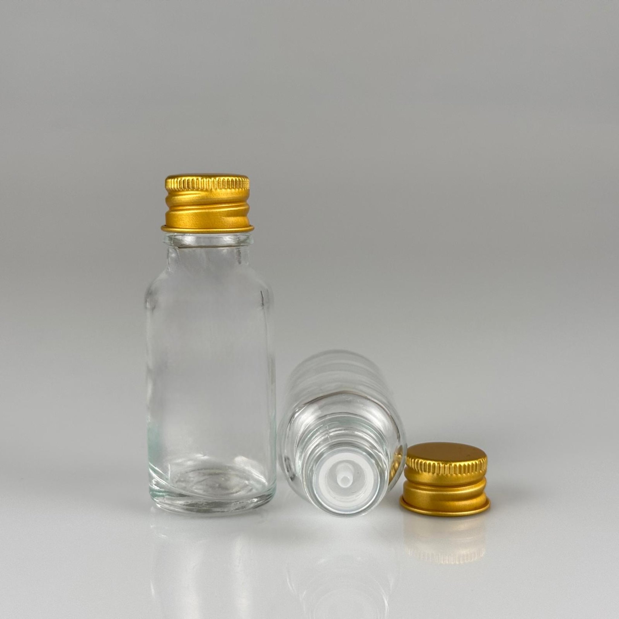20 CC ŞEFFAF CAM ŞİŞE + KÖPÜK CONTALI GOLD ALÜMİNYUM METAL KAPAKLI + DAMLALIKLI KOLONYA TIPALI TAKIM - 20 ML ŞEFFAF CAM ŞİŞE